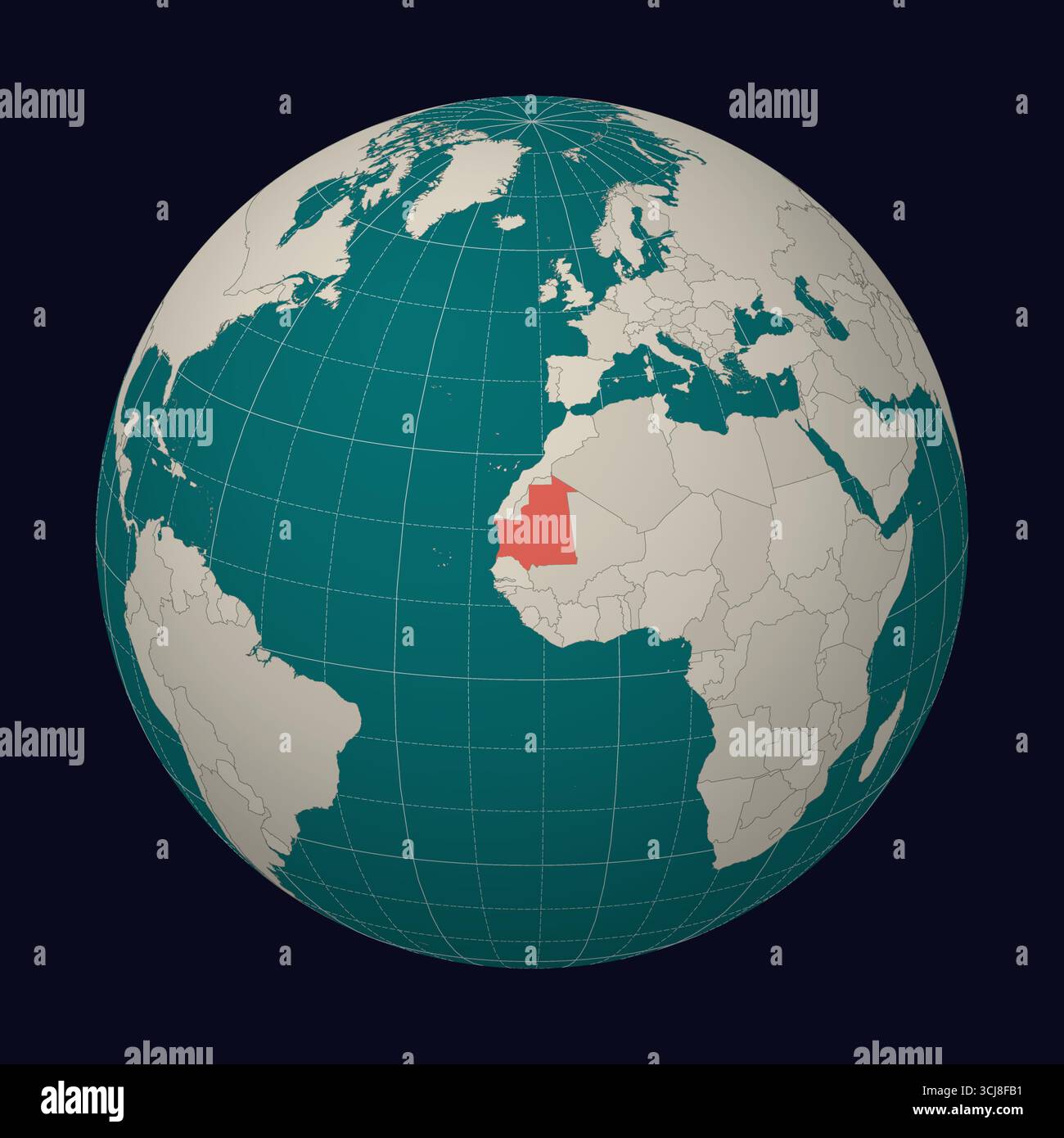 Repubblica Islamica di Mauritania sulla mappa. Globo incentrato sulla Mauritania. Posizione del paese sulla mappa del mondo. Tavolozza colori color Menta pallido. Illustrazione Vettoriale