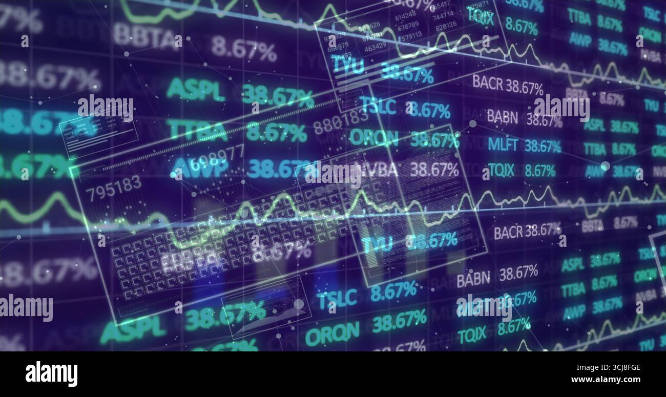 Visualizzazione finanziaria su dashboard blu, con ticker e grafici delle azioni fluttuanti Foto Stock