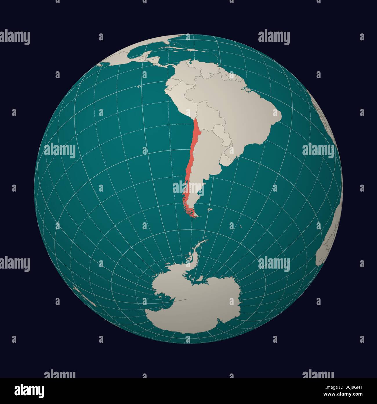 Repubblica del Cile sulla mappa. Globo centrato sul Cile. Posizione del paese sulla mappa del mondo. Tavolozza colori color Menta pallido. Illustrazione Vettoriale