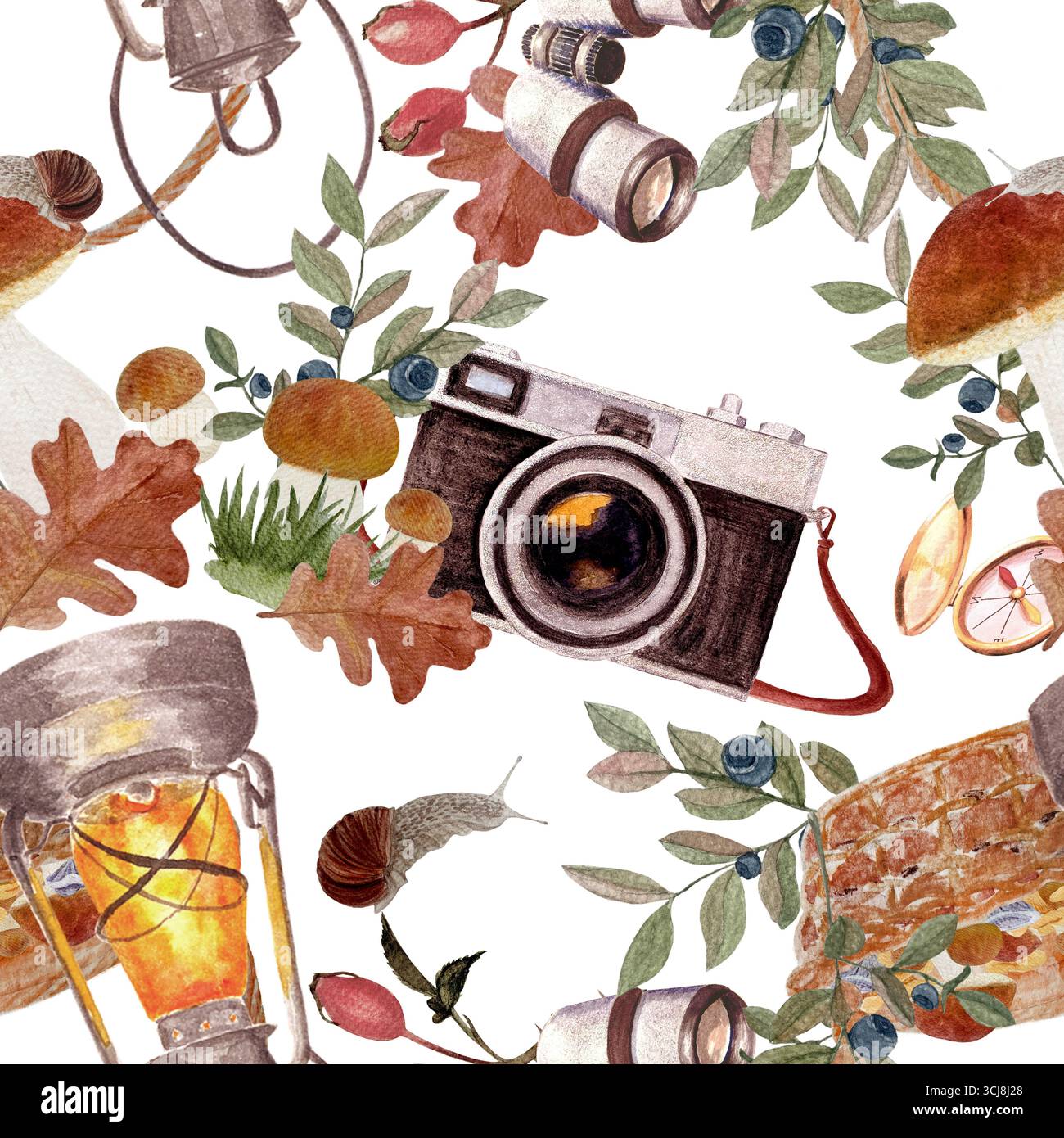 Macchina fotografica d'epoca, lanterna, binocolo, funghi, foglie di quercia, frutti di bosco, lumaca e cestino da picnic. Motivo senza cuciture acquerello. Accogliente foresta autunnale Foto Stock