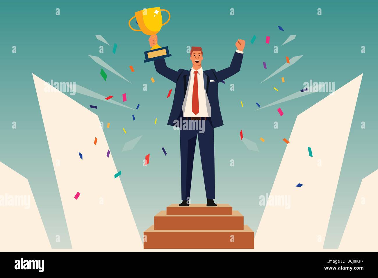 Un'illustrazione vettoriale del concetto di uomo d'affari che vince un trofeo Illustrazione Vettoriale
