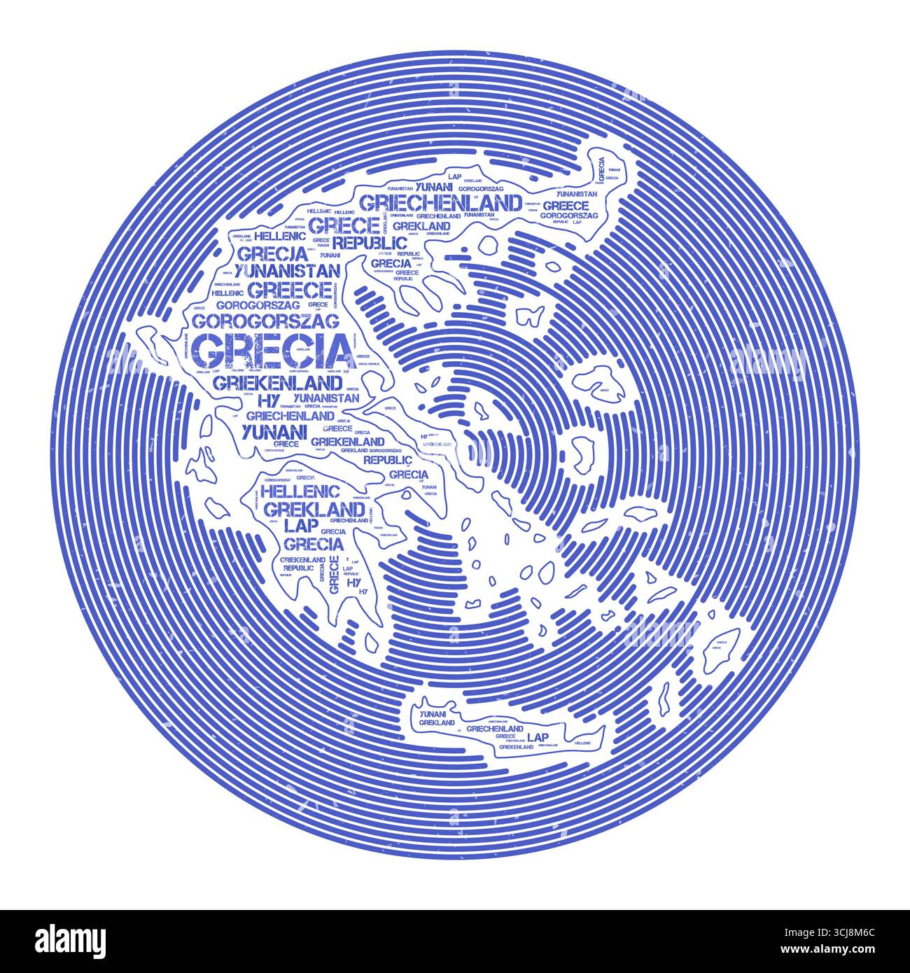 Immagine vettoriale Grecia. Design del logo rotondo del paese. Poster della Grecia in archi circolari e in stile nuvola di parole. Illustrazione del vettore radiante. Illustrazione Vettoriale