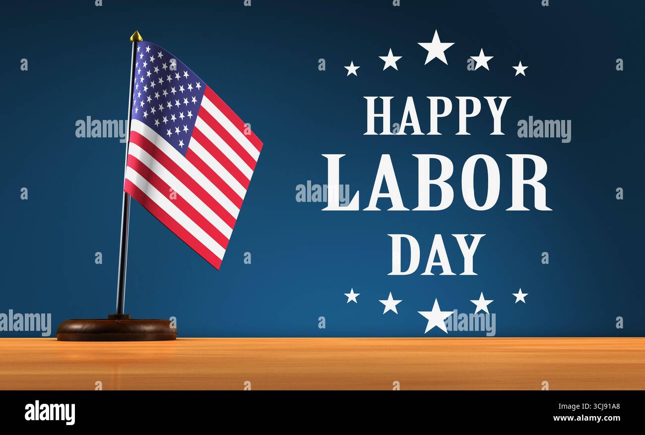 Buona giornata del lavoro concetto di festa nazionale degli Stati Uniti d'America con bandiera americana, icona delle stelle e simbolo 3D. Foto Stock