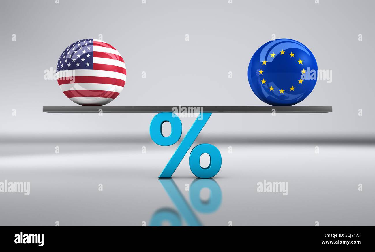 USA ed Europa commercializzano tariffe sulle importazioni e sulle esportazioni con la bandiera americana e la bandiera dell'Unione europea in equilibrio su un segno di percentuale. Foto Stock