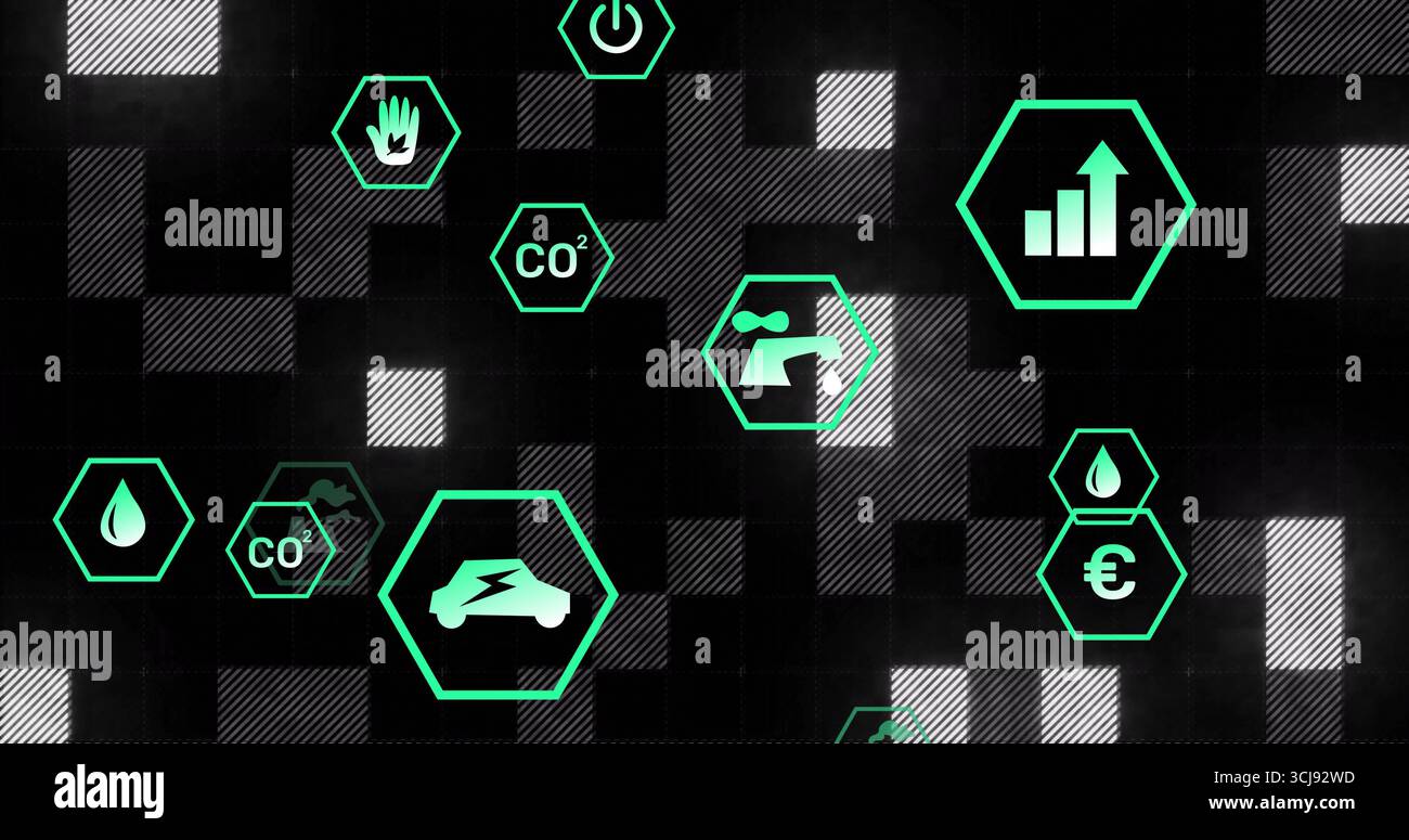 Visualizzazione di icone esagonali verdi al neon per sostenibilità, acqua, energia, CO?, mano sulla griglia digitale Foto Stock