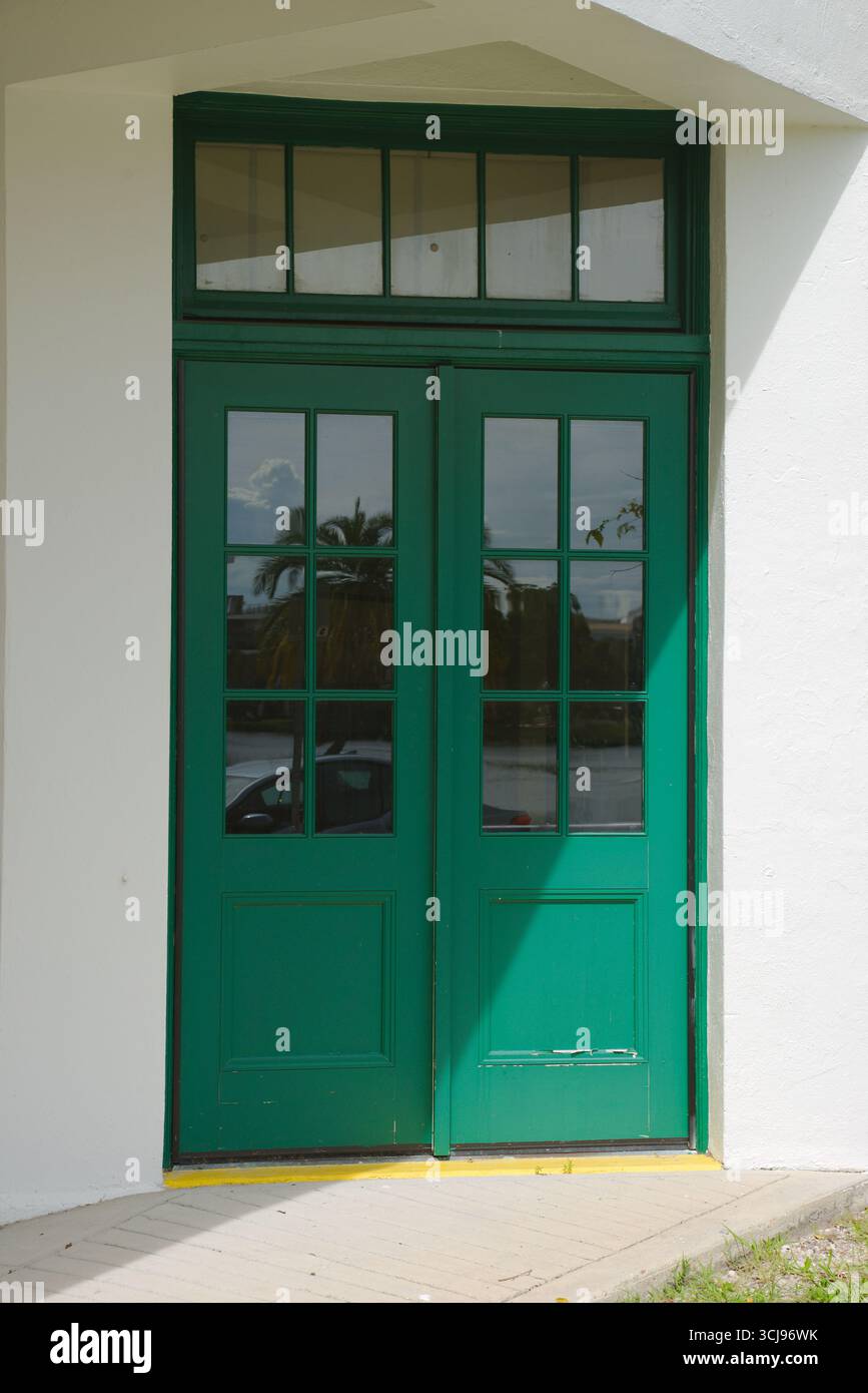 Doppie porte verdi di un vecchio edificio classico che riflette il verde. Eleganti porte dipinte con pannelli di vetro che riflettono un ambiente all'aperto sereno Foto Stock