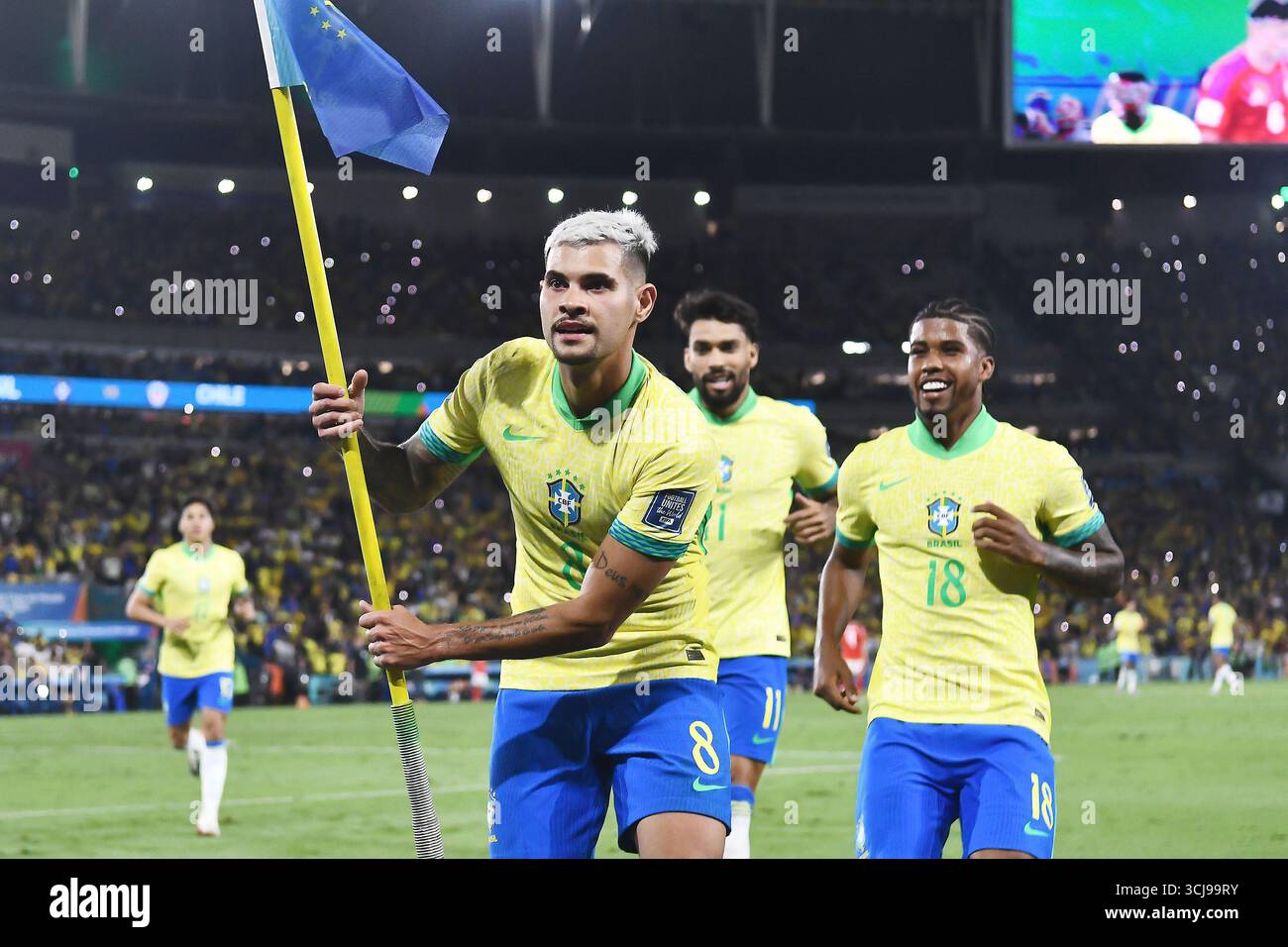 Rio de Janeiro, Brasile, 4 settembre 2025. Il calciatore Bruno Guimarães della Nazionale brasiliana celebra il suo gol, durante la partita Brasile vs chi Foto Stock