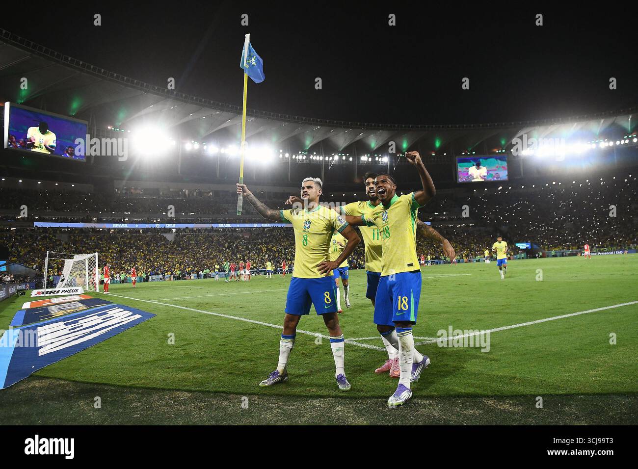 Rio de Janeiro, Brasile, 4 settembre 2025. Il calciatore Bruno Guimarães della Nazionale brasiliana celebra il suo gol, durante la partita Brasile vs chi Foto Stock