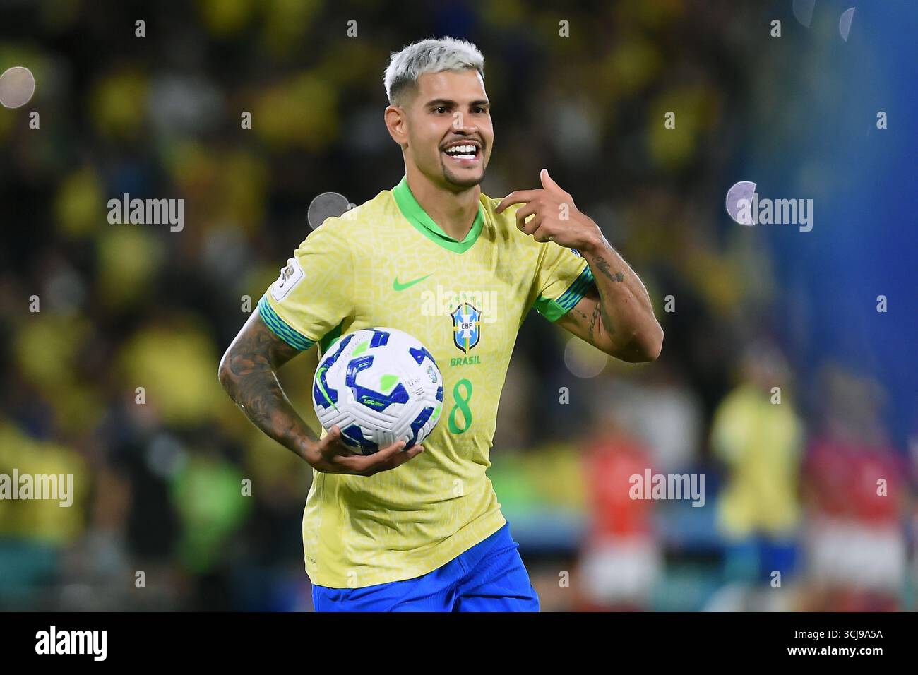 Rio de Janeiro, Brasile, 4 settembre 2025. Il calciatore Bruno Guimarães della Nazionale brasiliana celebra il suo gol, durante la partita Brasile vs chi Foto Stock