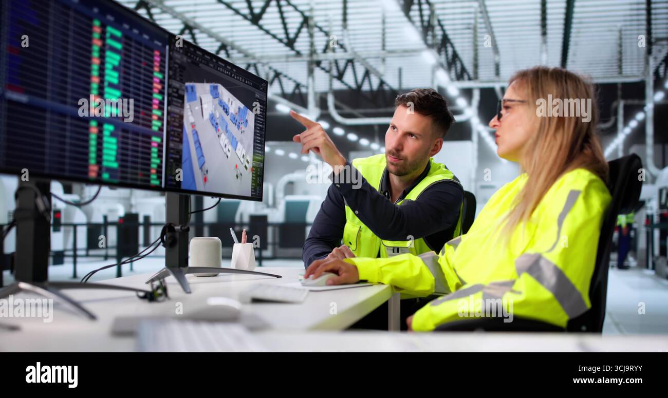 Mappatura del layout di fabbrica e progettazione della linea di assemblaggio del veicolo sul desktop. Foto Stock