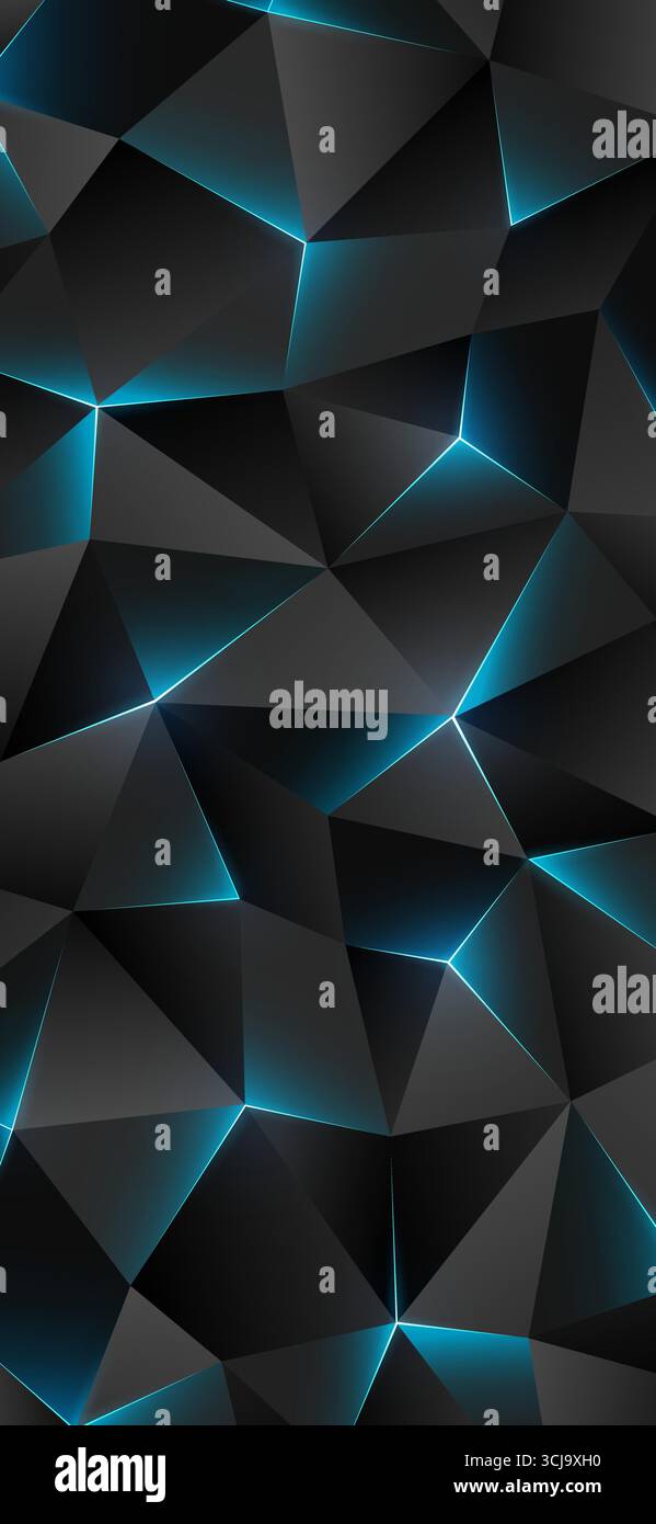 Sfondo poly basso scuro. Sfondo geometrico astratto per smartphone, innovazione concettuale. Linee brillanti, triangolo. Sfondo triangoli grigio ciano-blu Illustrazione Vettoriale