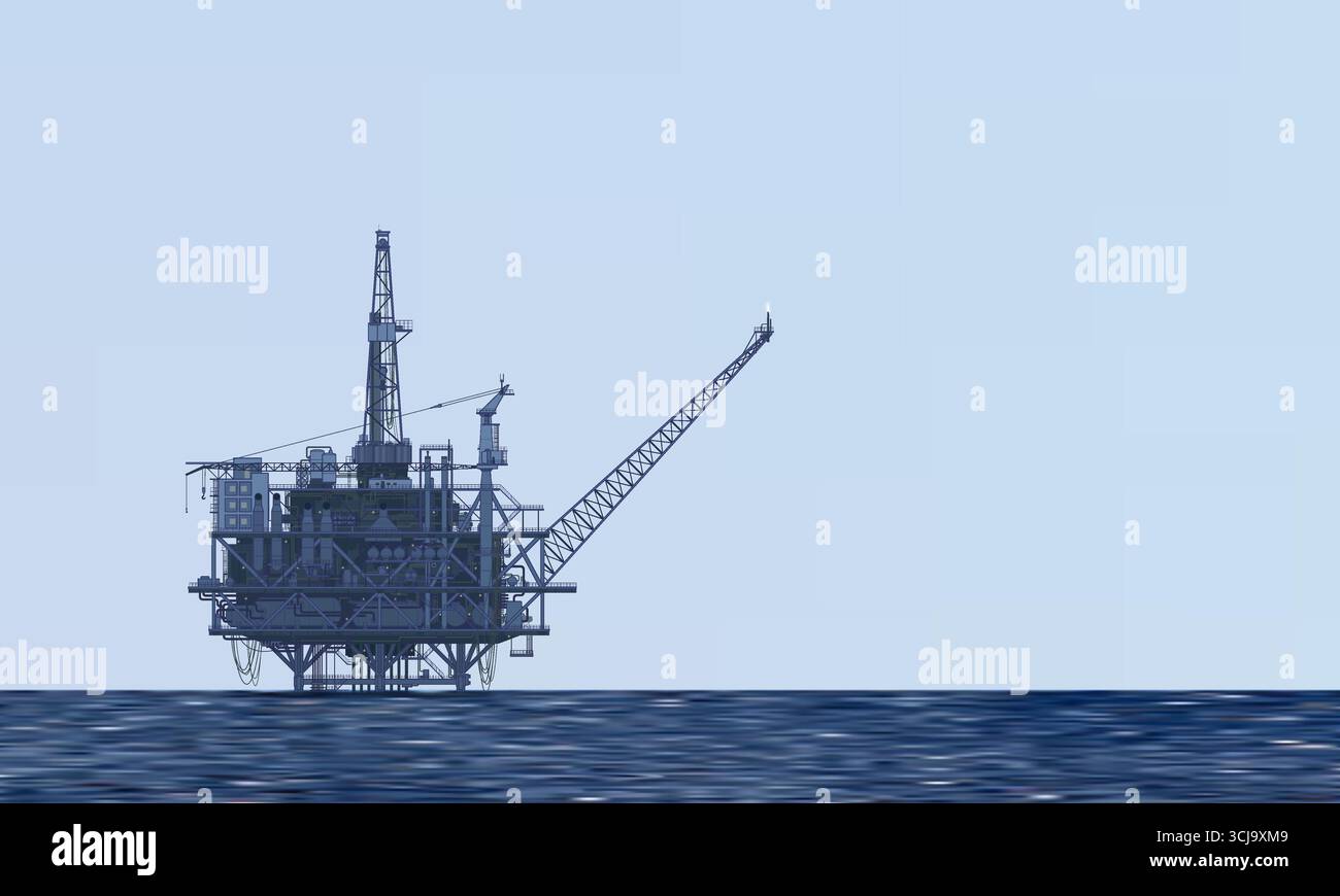 Carro di perforazione offshore, piattaforma in mare. Sfondo grigio cielo blu. Produzione offshore di petrolio greggio, industria, affari. Silhouette, vista mare. Carbonio Illustrazione Vettoriale