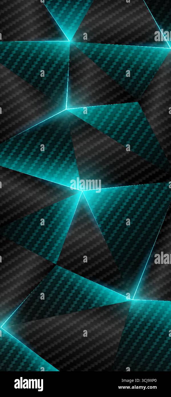Sfondo per smartphone in fibra di carbonio. Basso sfondo geometrico astratto in poli, triangolo. Innovazione concettuale. Sfondo grigio ciano-blu con triangoli in polietilene bassi. Illustrazione Vettoriale
