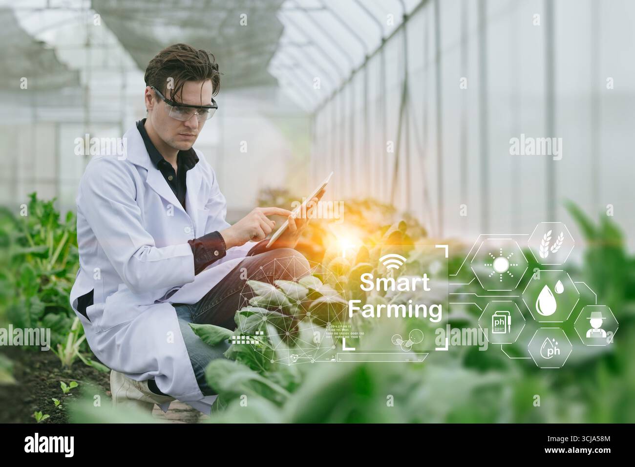 Agricoltore moderno che utilizza Smart Farming, software di innovazione tecnologica per il controllo di nuovi impianti agricoli. Foto Stock