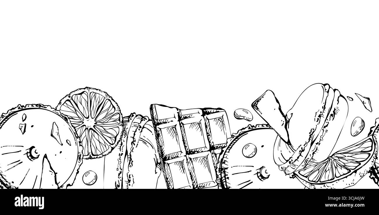 Arance a fette con inchiostro vettoriale, macaron di agrumi e tartufi, frammenti di barretta di cioccolato. Striscione senza cuciture stampato a mano isolato. Cornici per schede ricette, design del menu Illustrazione Vettoriale