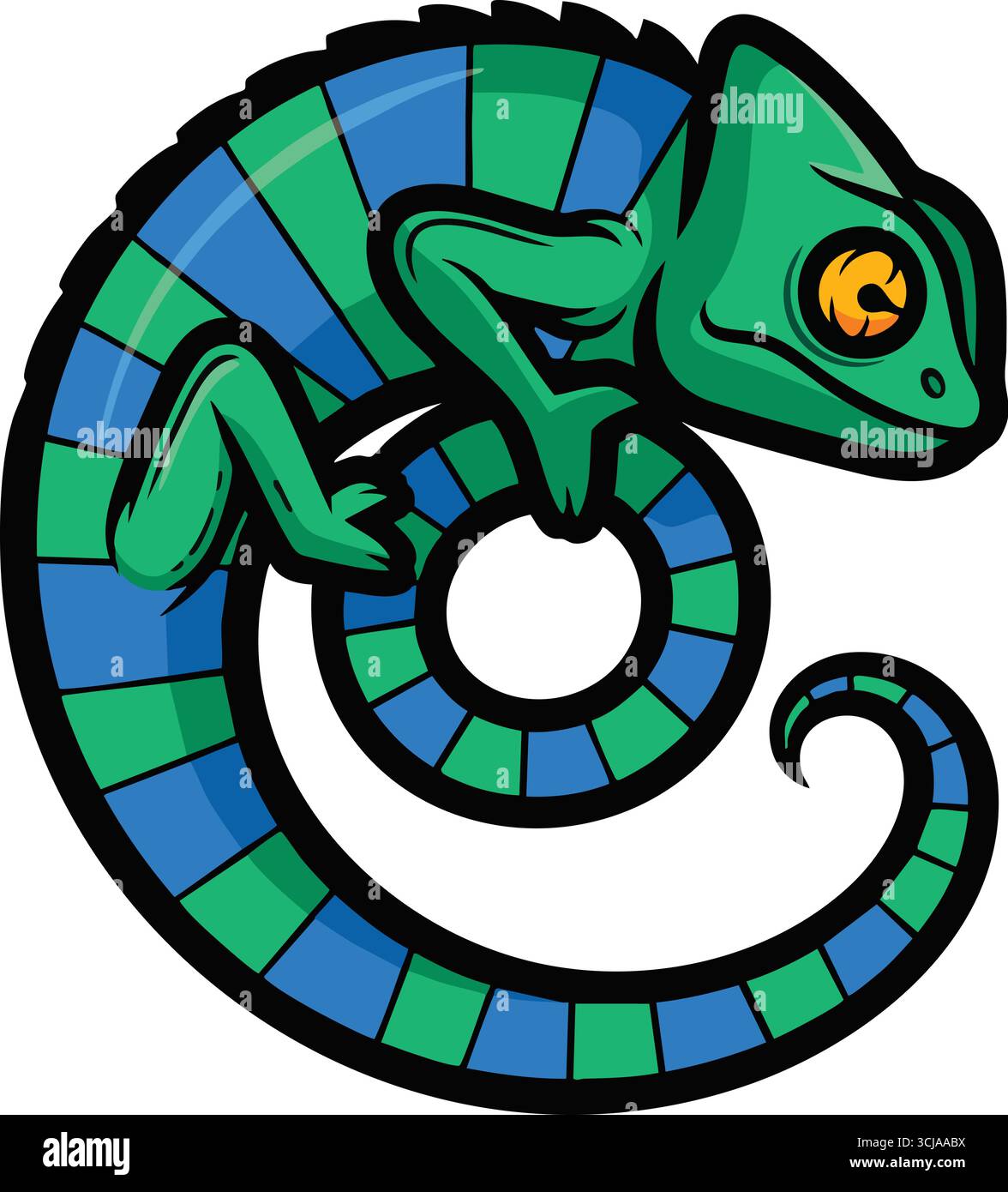 Un camaleonte verde e blu con grande occhio avvolge la coda in una spirale all'interno di un audace bordo circolare. Illustrazione Vettoriale