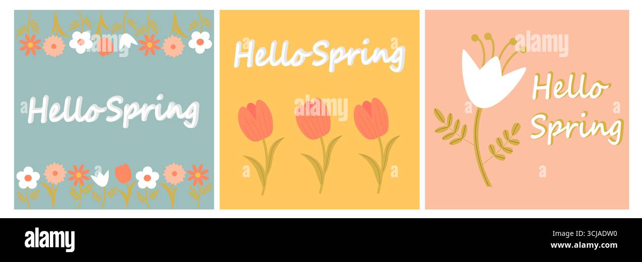 Ciao primavera. Natura. Set di moderni sfondi primaverili con fiori geometrici minimalisti. Illustrazione Vettoriale