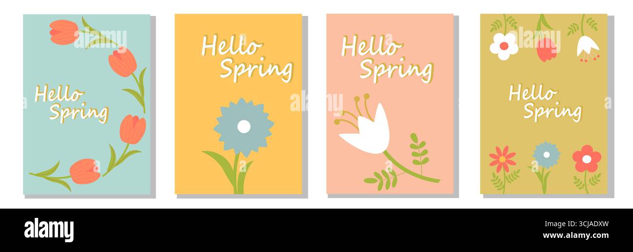 Ciao primavera. Natura. Set di moderni sfondi primaverili con fiori geometrici minimalisti. Illustrazione Vettoriale