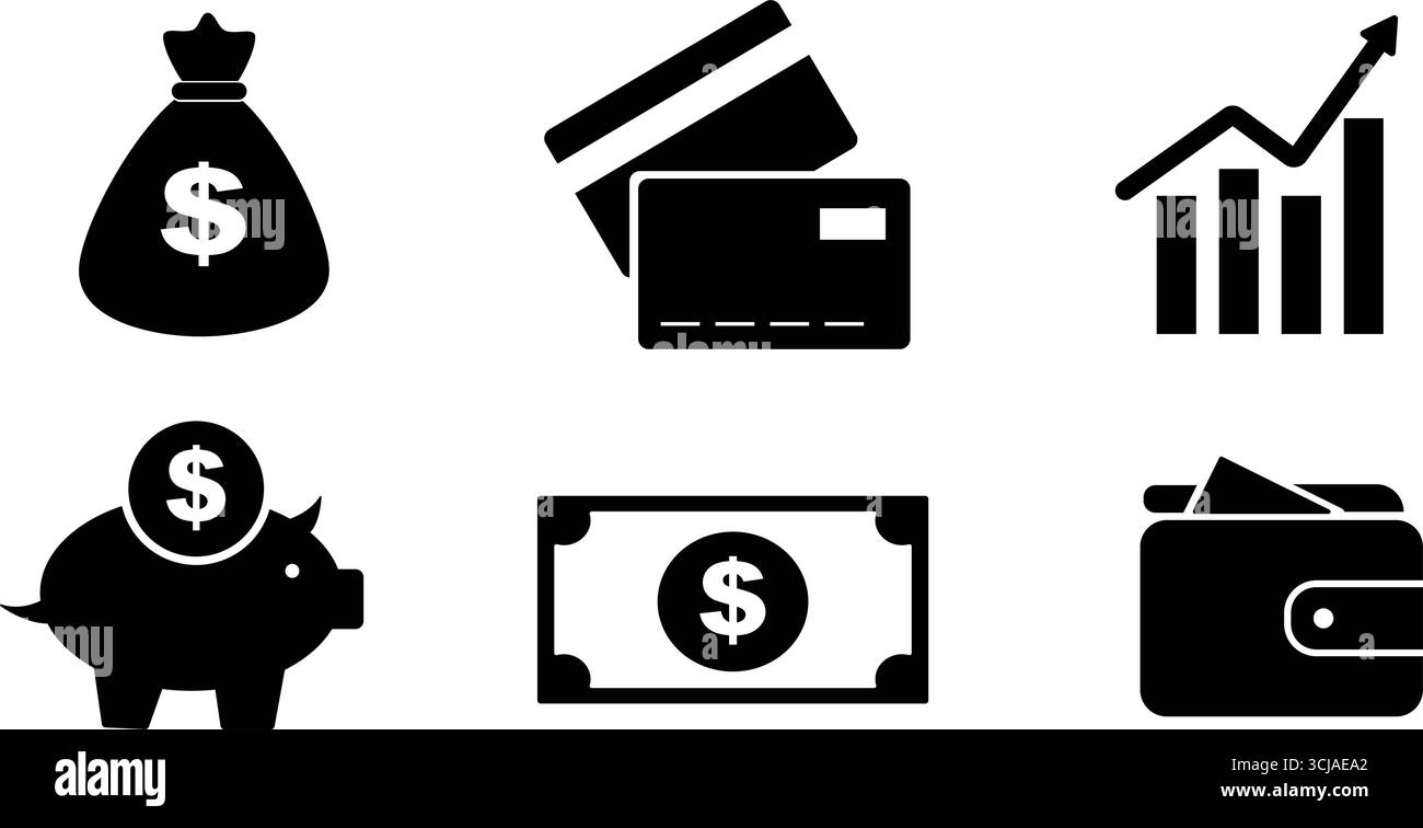 Raccolta di icone finanziarie che simboleggiano denaro, risparmio e transazioni. Il set è composto da un sacco di soldi, una carta di credito, un grafico di crescita, un salvadanaio, un curren Illustrazione Vettoriale