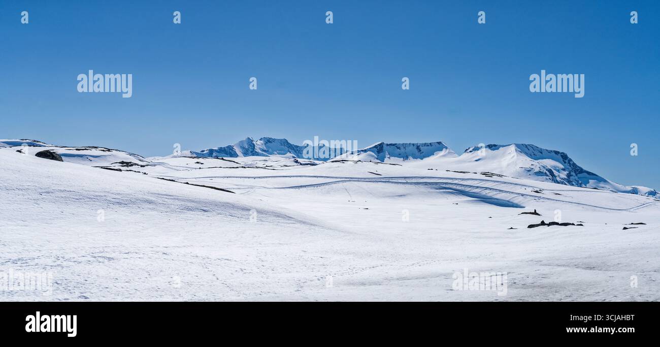 Paesaggio maestoso caratterizzato da una valle serena fiancheggiata da montagne innevate e da un fiume tortuoso, il tutto sotto un cielo azzurro limpido, che evoca pace e natu Foto Stock