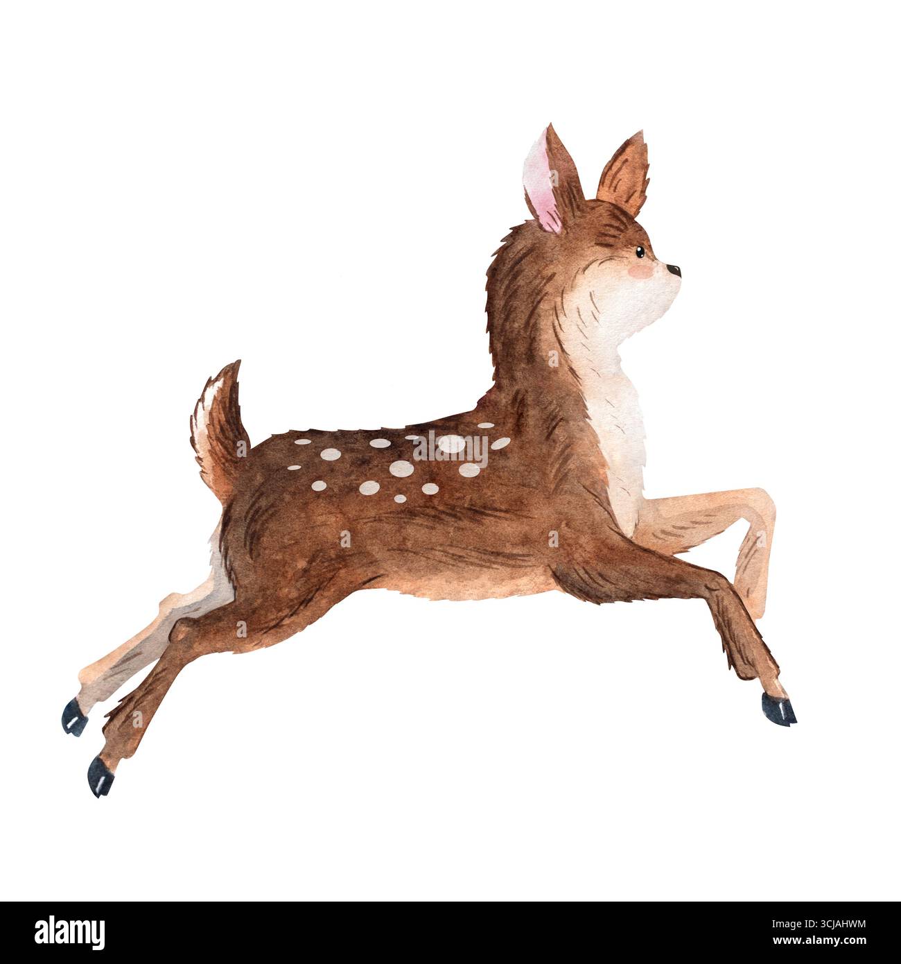 Il fawn che salta nell'acquerello, l'illustrazione di un piccolo cervo, ideale per la progettazione di vivai, carte, motivi, libri di fiabe e progetti per bambini Foto Stock