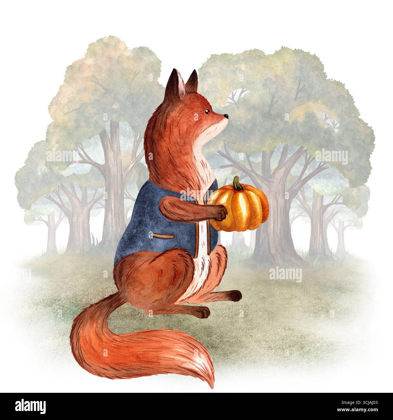 Volpe rossa acquerello che regge la zucca sullo sfondo della foresta di querce, ideale per cartoline autunnali, poster e libri di fiabe Foto Stock