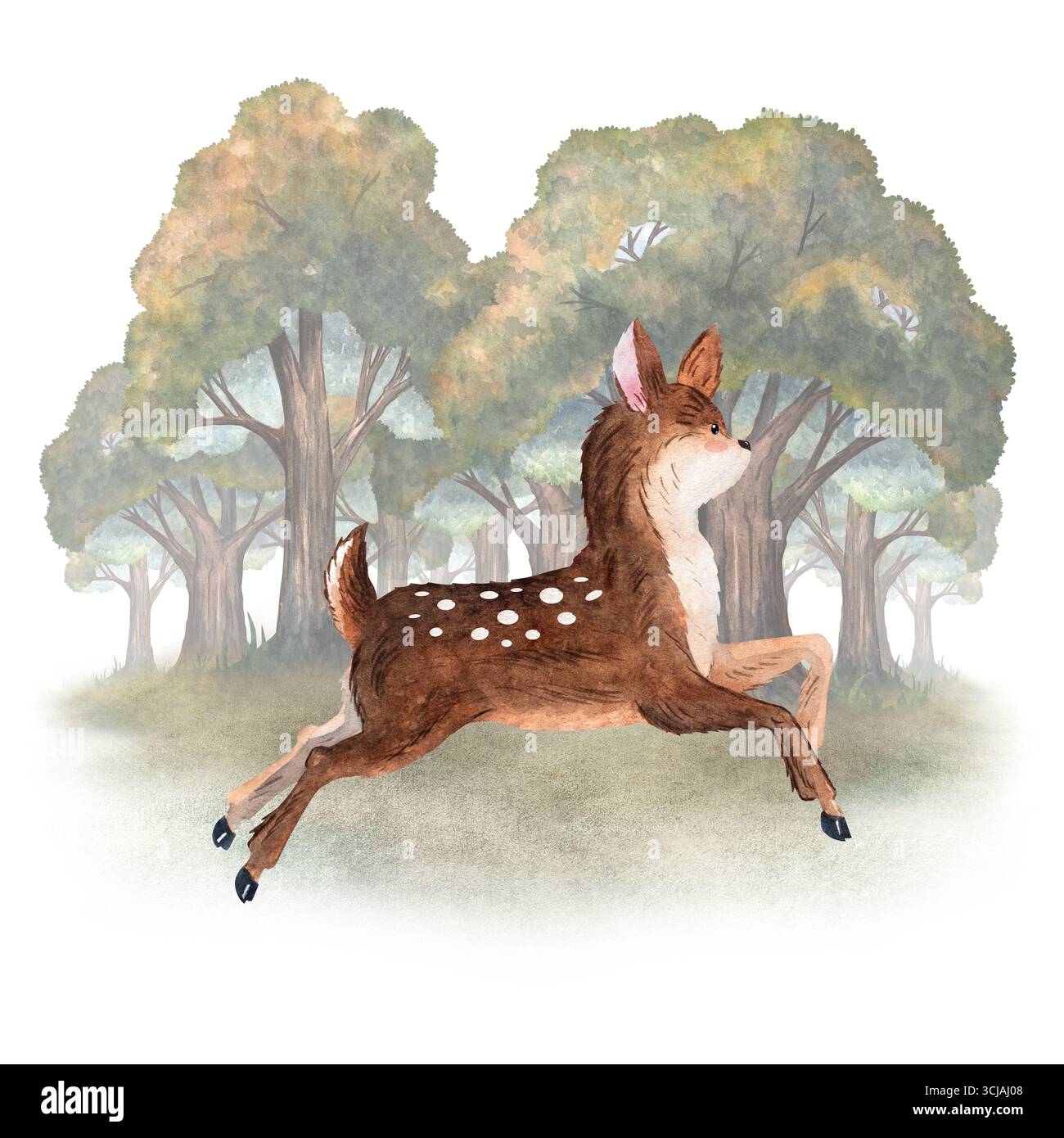 L'acquerello che salta fawn su sfondo di raddrizzamento della foresta di querce, perfetto per stampe di vivai, libri di fiabe e cartoline Foto Stock
