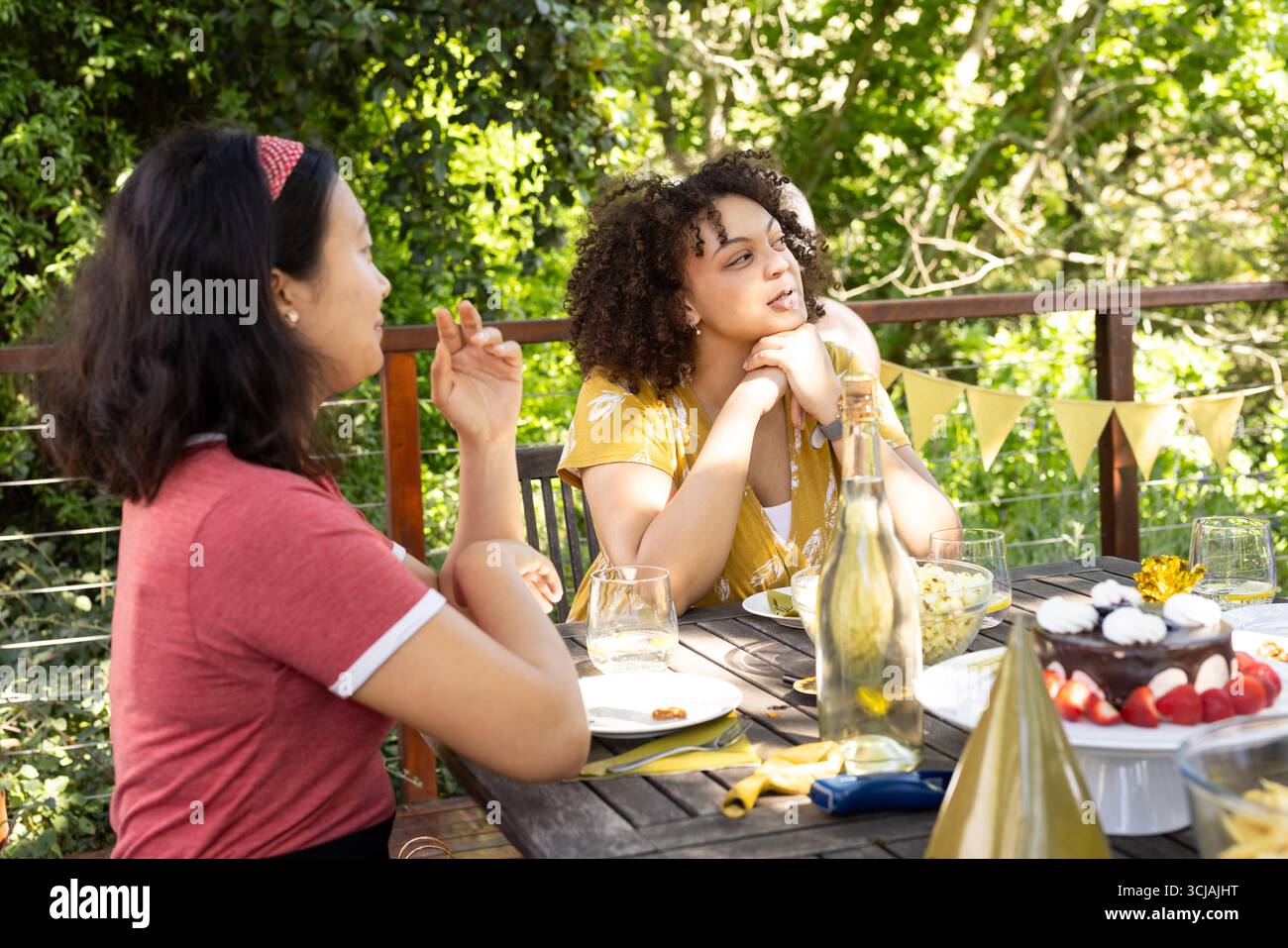 Amici che si divertono a festeggiare all'aperto con cibo e bevande nelle giornate di sole Foto Stock
