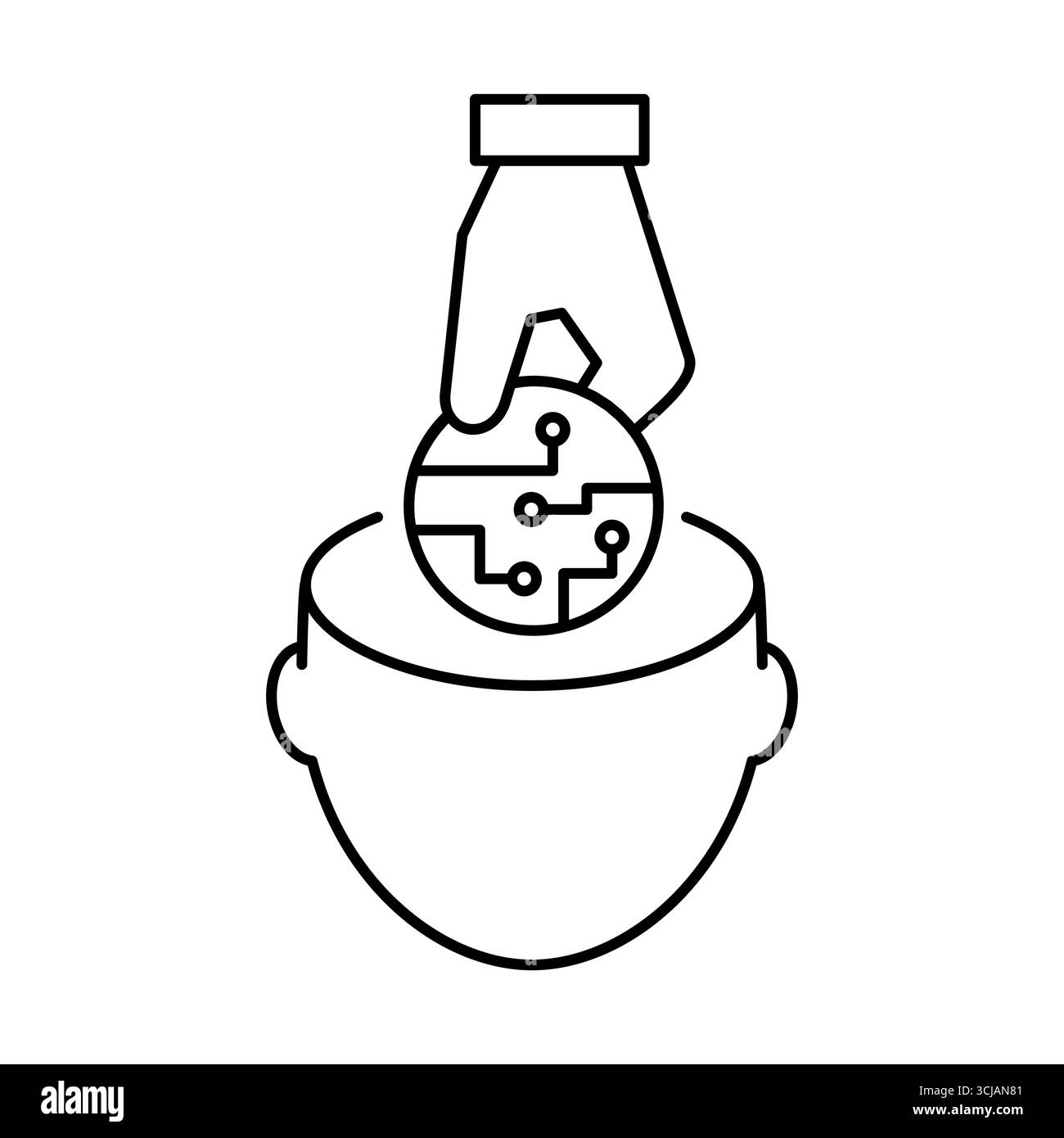 Icona della linea della tecnologia di impianto del chip cerebrale. Futuro delle neurointerfacce e dell'interazione uomo-computer. Tecnologia per impianti neurali. Illustrazione vettoriale. Illustrazione Vettoriale