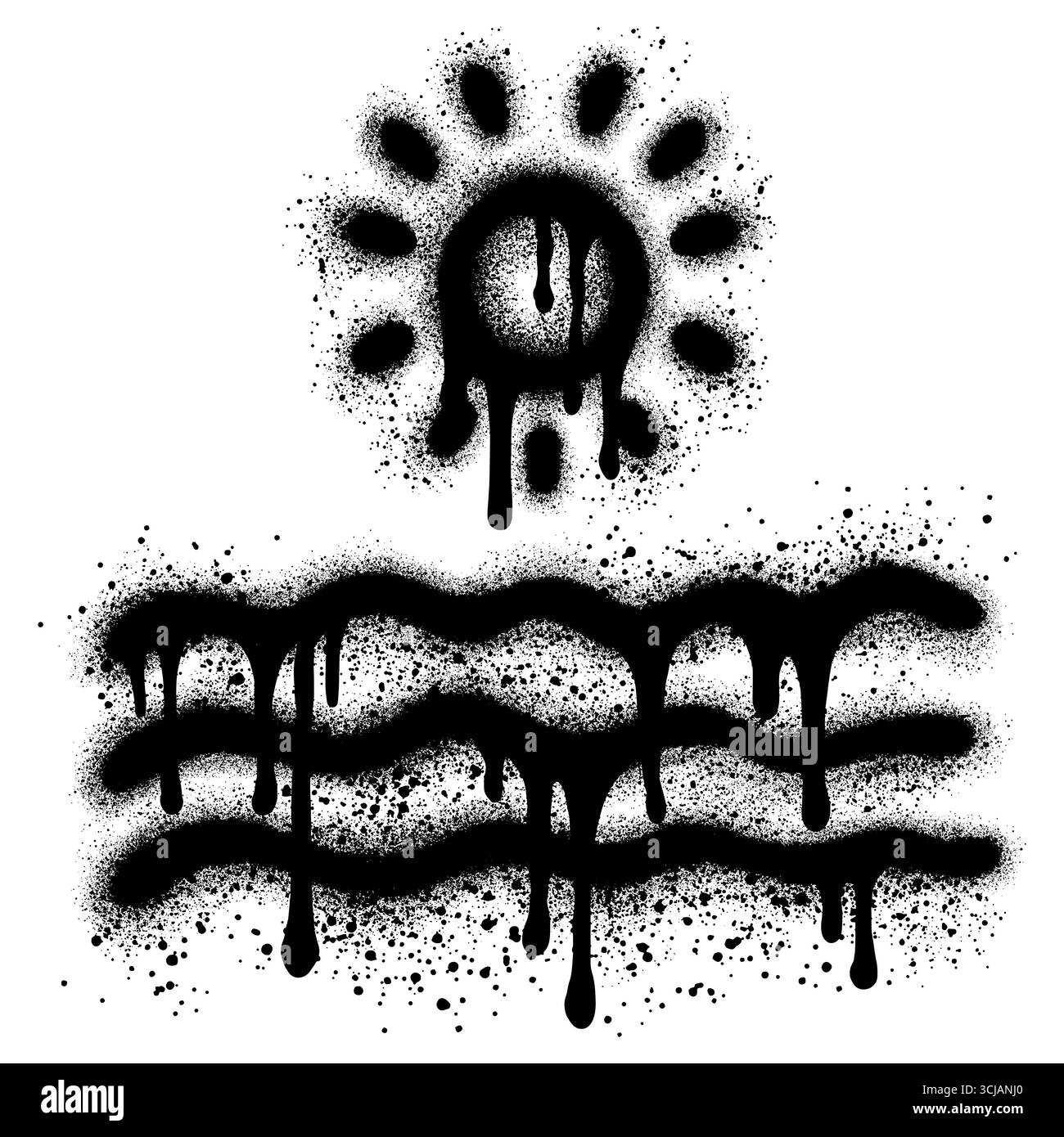 Tramonto sui graffiti della spiaggia con vernice spray nera. illustrazione vettoriale. Illustrazione Vettoriale