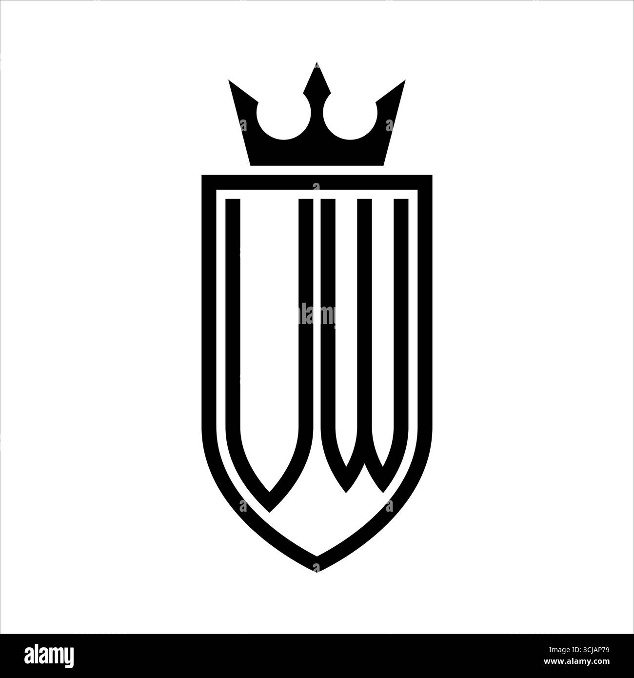 Il logo VW Vector con le iniziali scudo con la corona e uno stile minimalista ed elegante, con un contorno sottile Illustrazione Vettoriale