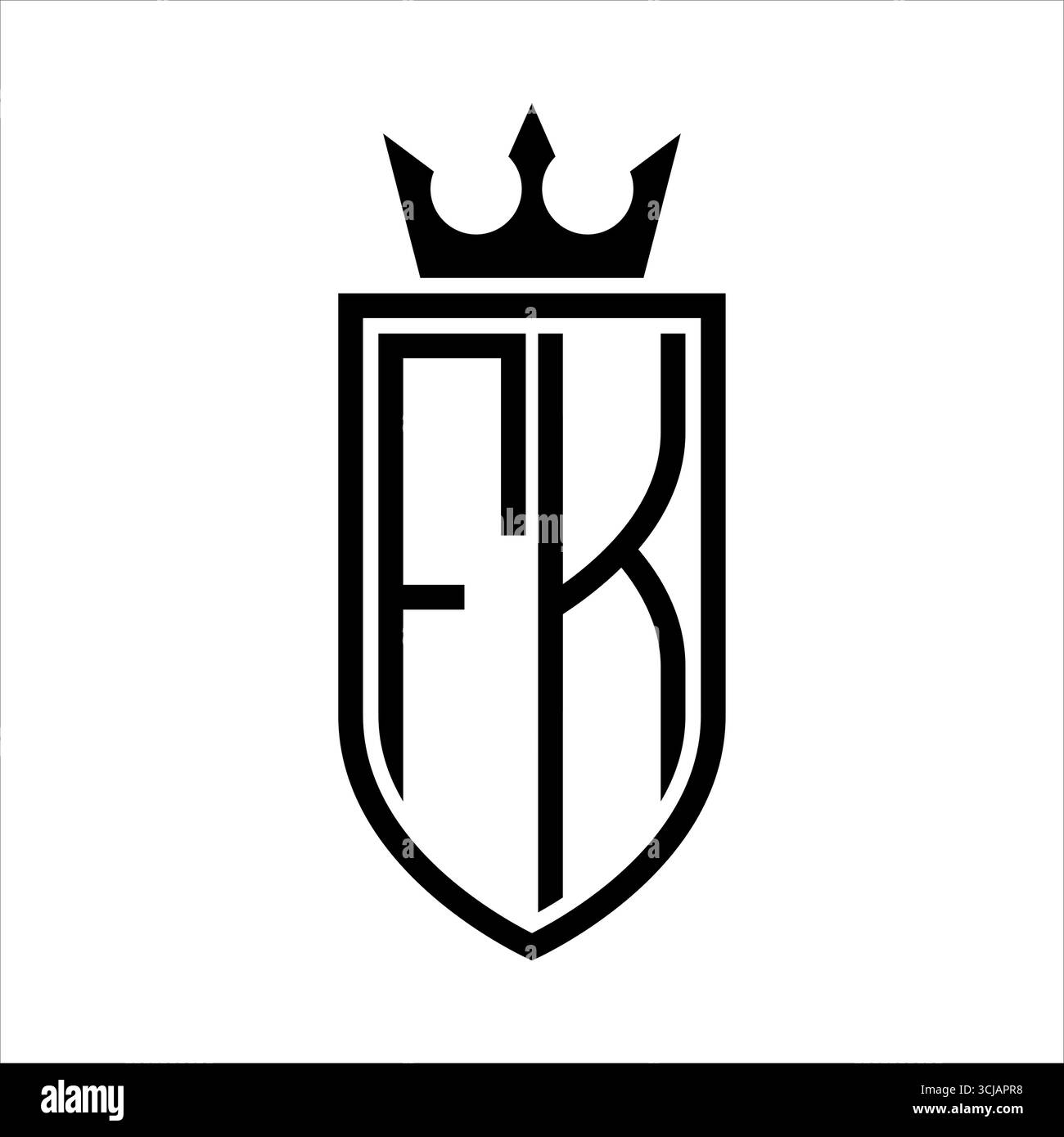 Il logo FK Vector con le iniziali è dotato di corona e presenta uno stile minimalista ed elegante, con un contorno sottile Illustrazione Vettoriale