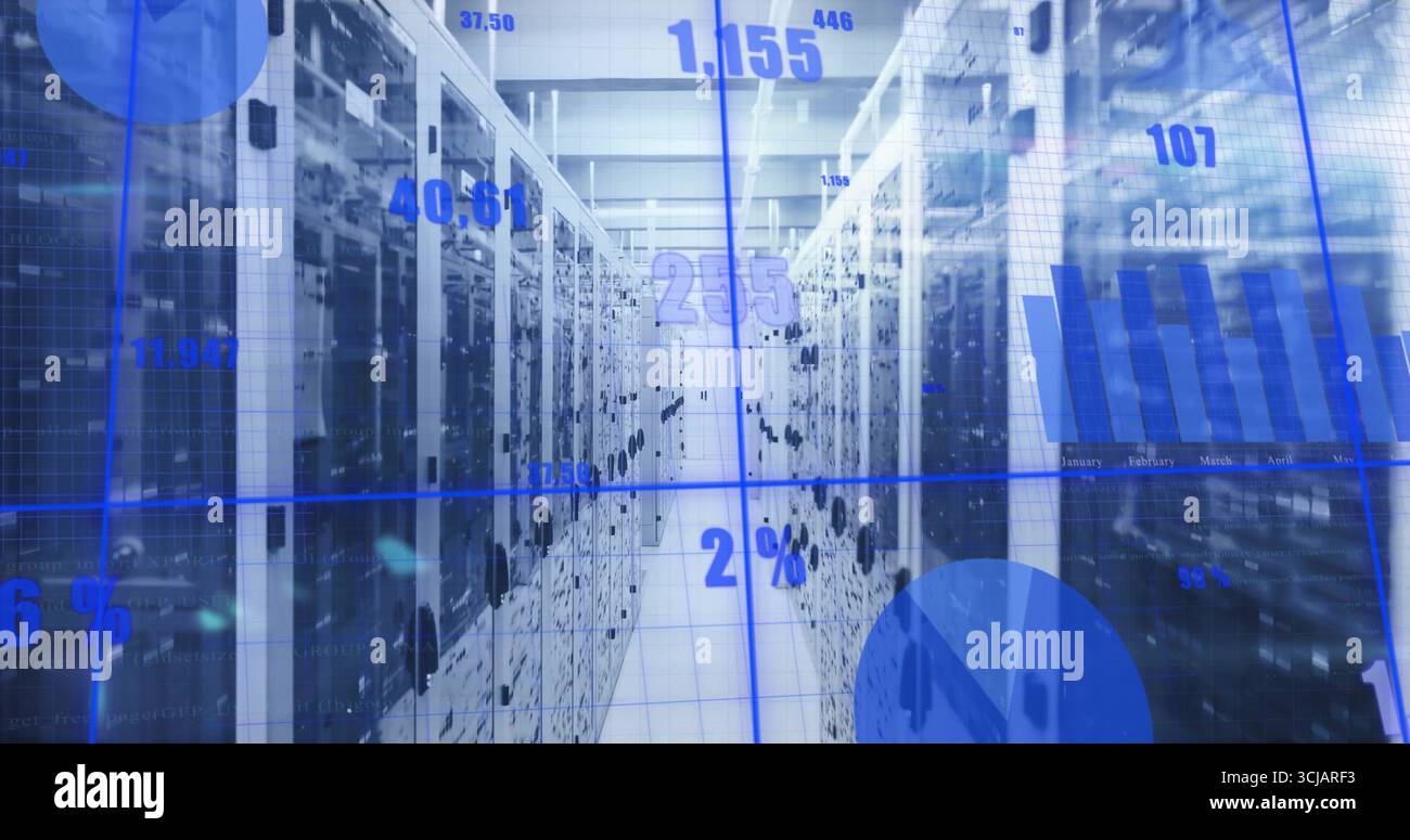 Estensione di un data center di threading di corridoi server stretti, con rack, switch e sovrapposizioni di analisi Foto Stock