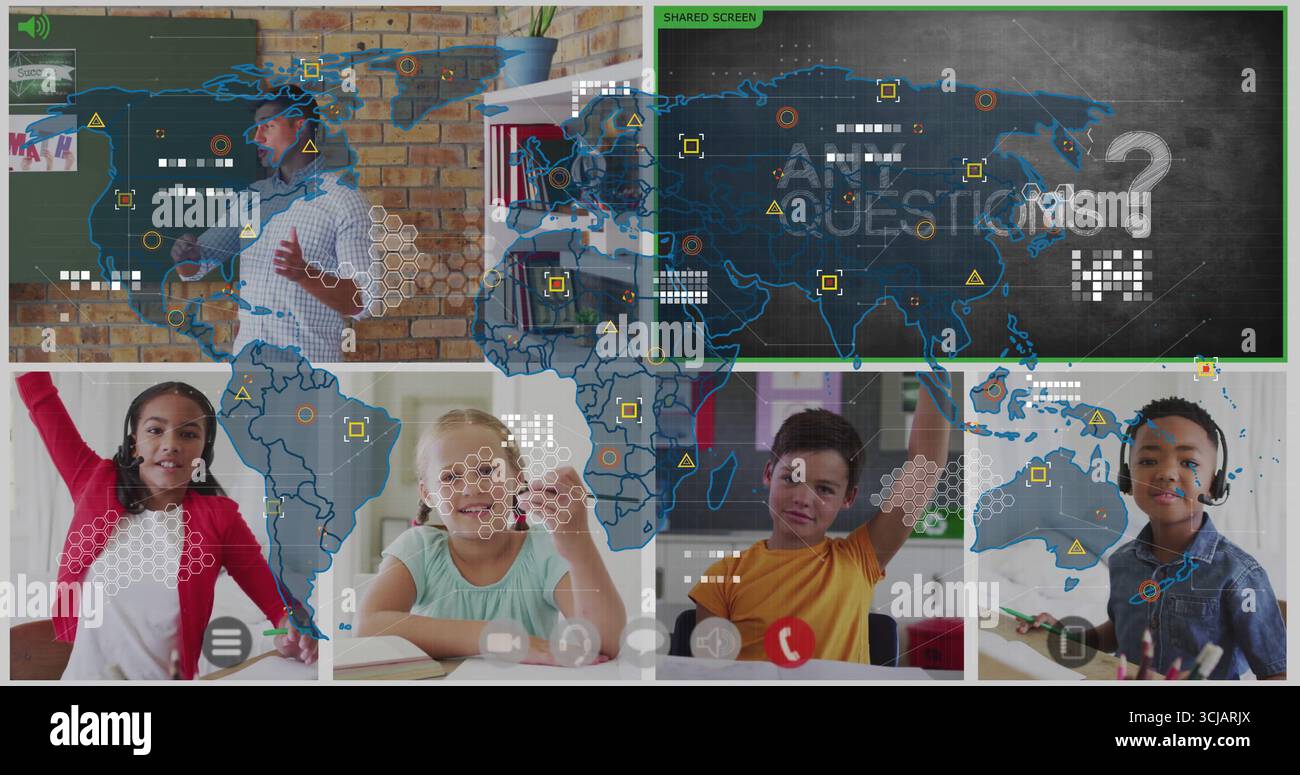 Ospitare gli insegnanti che presentano la diapositiva della mappa agli studenti che alzano la mano con le cuffie a casa, spazio di copia Foto Stock