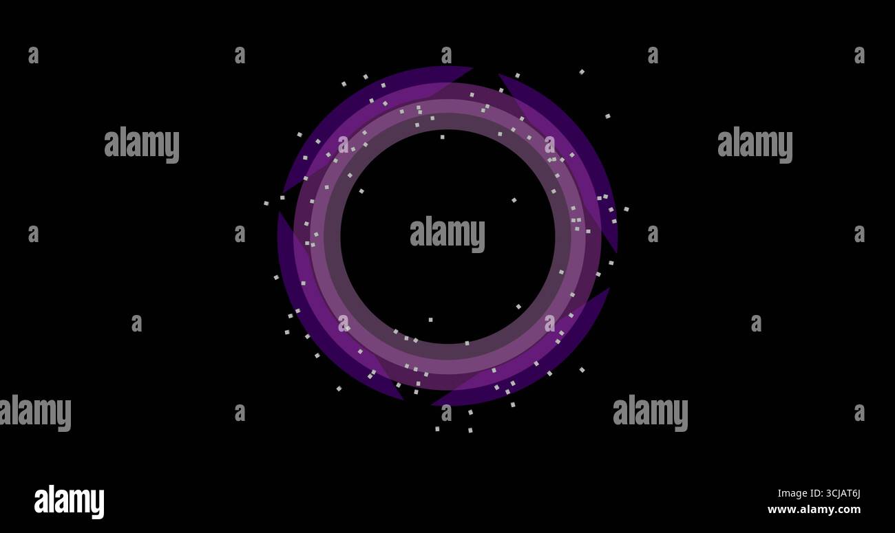 Generazione di anelli concentrici viola e segmenti viola su vuoto nero, con particelle quadrate bianche Foto Stock