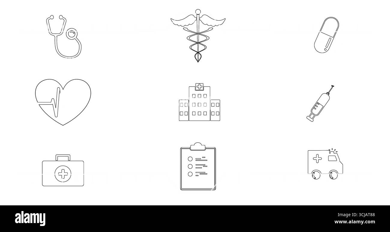 Con griglia di nove icone mediche sullo sfondo che mostra stetoscopio, caduceo, pillola e ambulanza Foto Stock