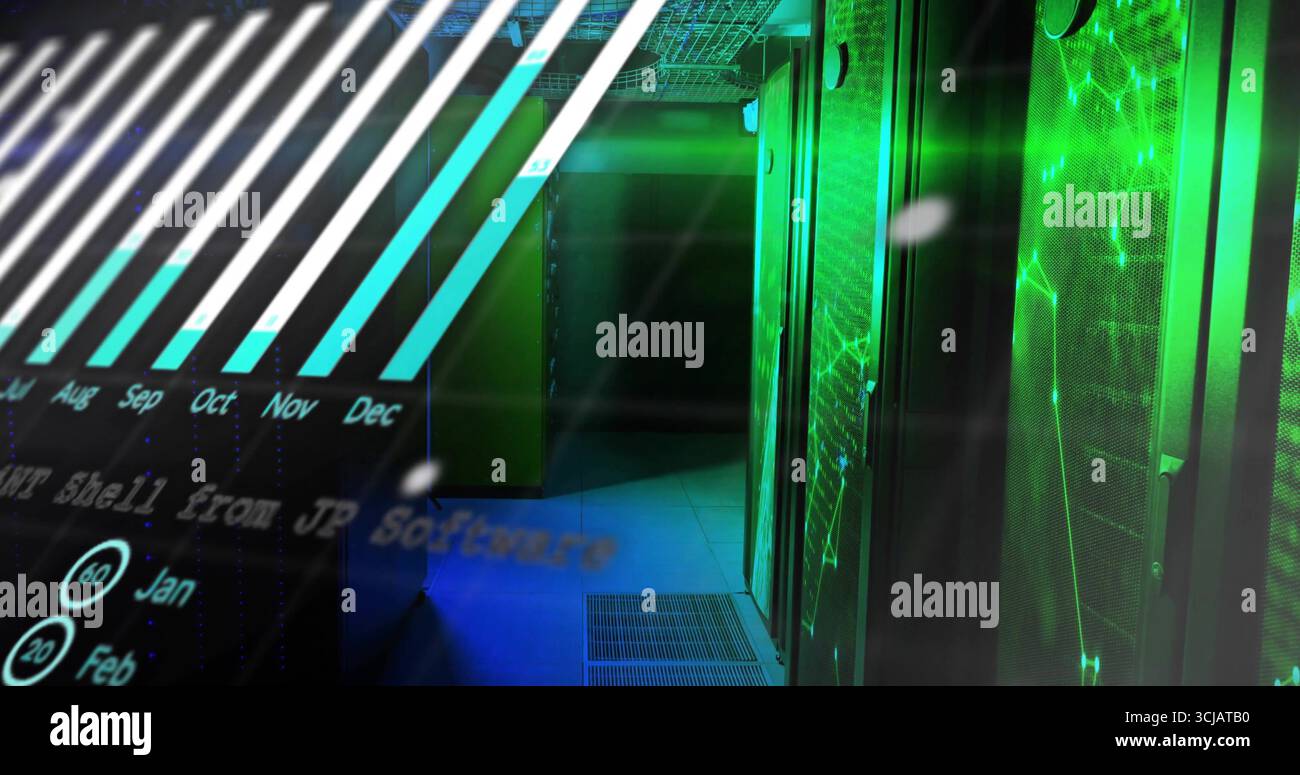 Luce LED a emissione, rack per server nel data center, grafico a barre digitale con software JP, spazio di copia Foto Stock