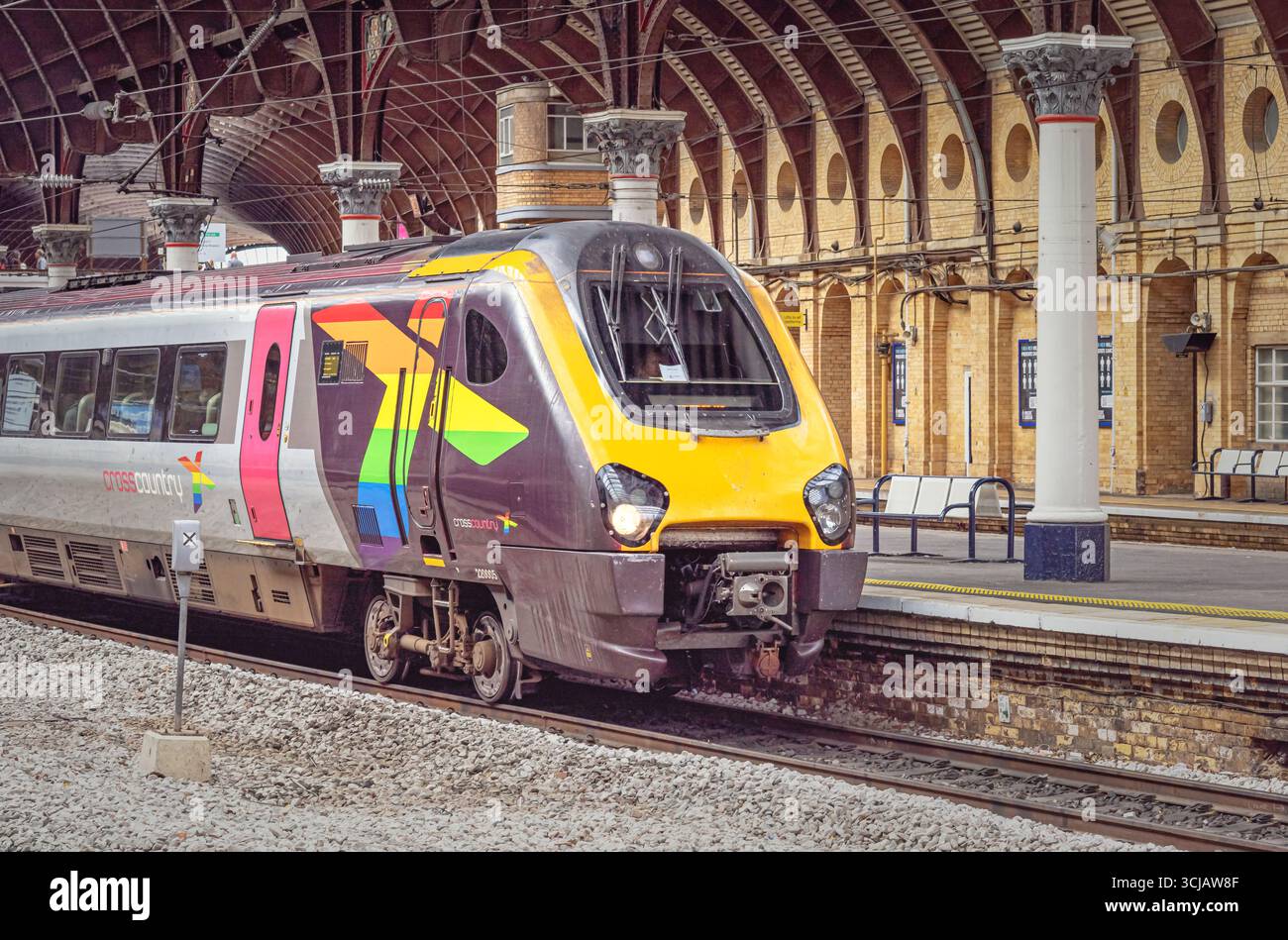 Una locomotiva si trova in una storica piattaforma della stazione ferroviaria del XIX secolo con colonne. Un muro di mattoni è sullo sfondo e sopra c'è un baldacchino di ferro. Foto Stock