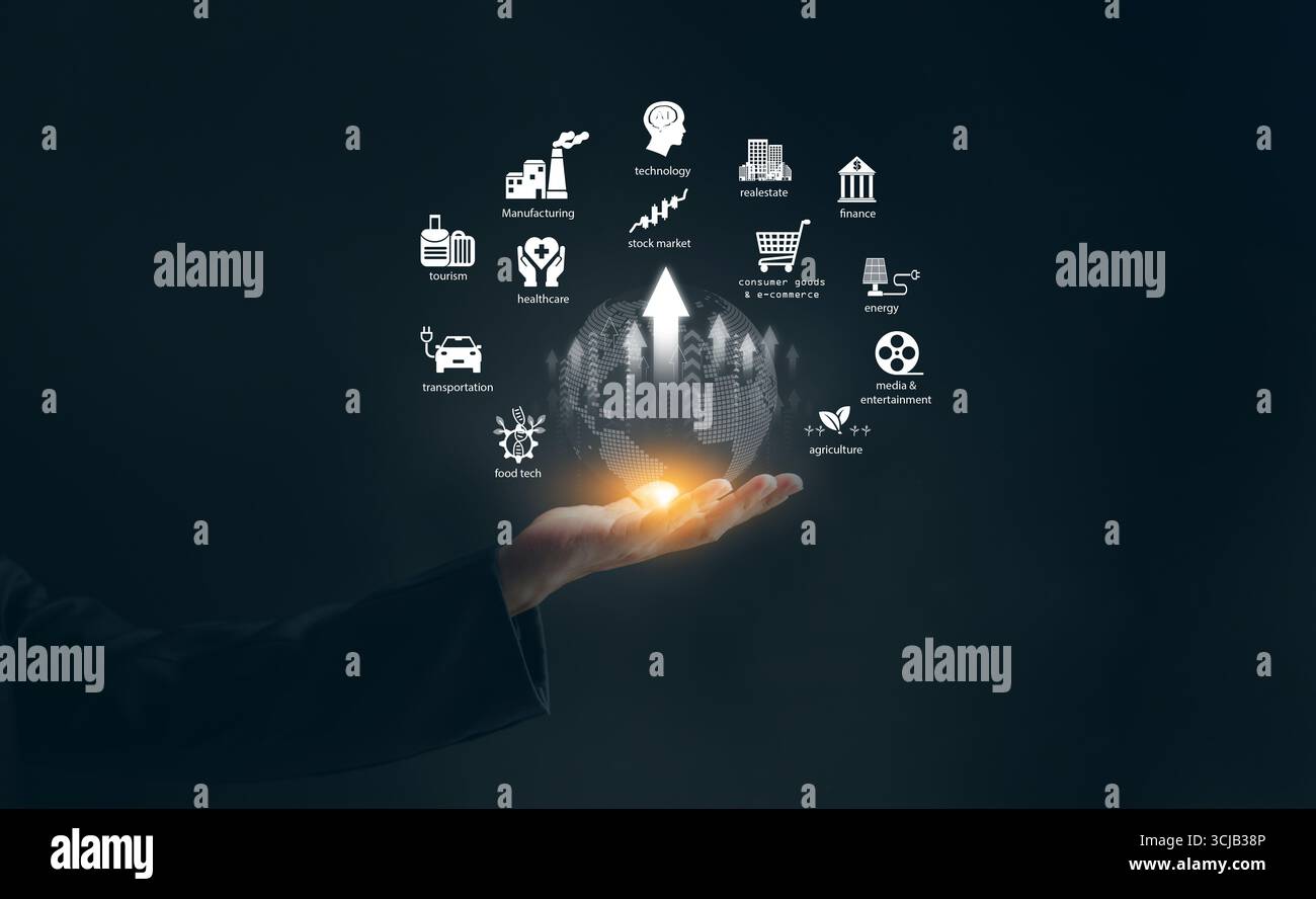 Concetto di crescita economica dei settori globali con un mondo brillante in mano d'affari, tecnologia, finanza, sanità, produzione, ed economi in tutto il mondo Foto Stock