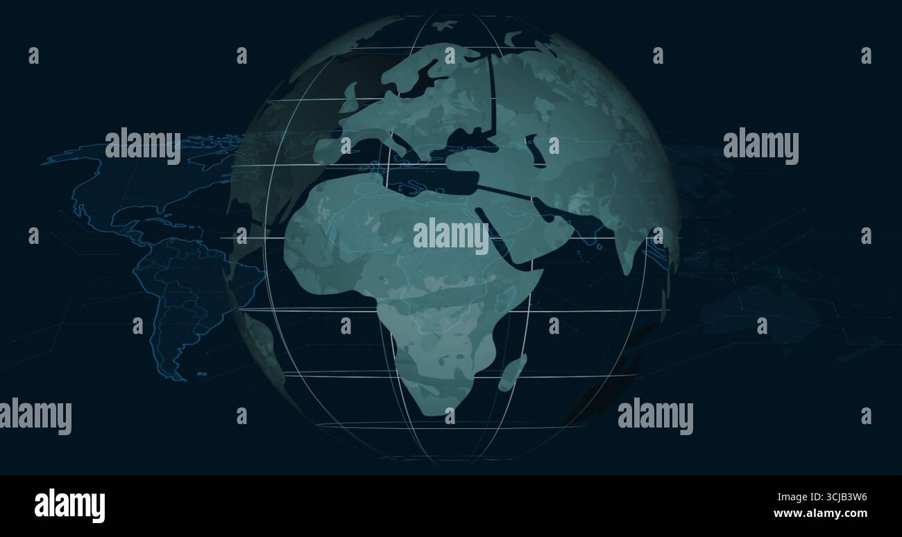 Visualizzazione del globo digitale con linee della griglia, archi di rete e linee della mappa sbiadite su sfondo blu Foto Stock
