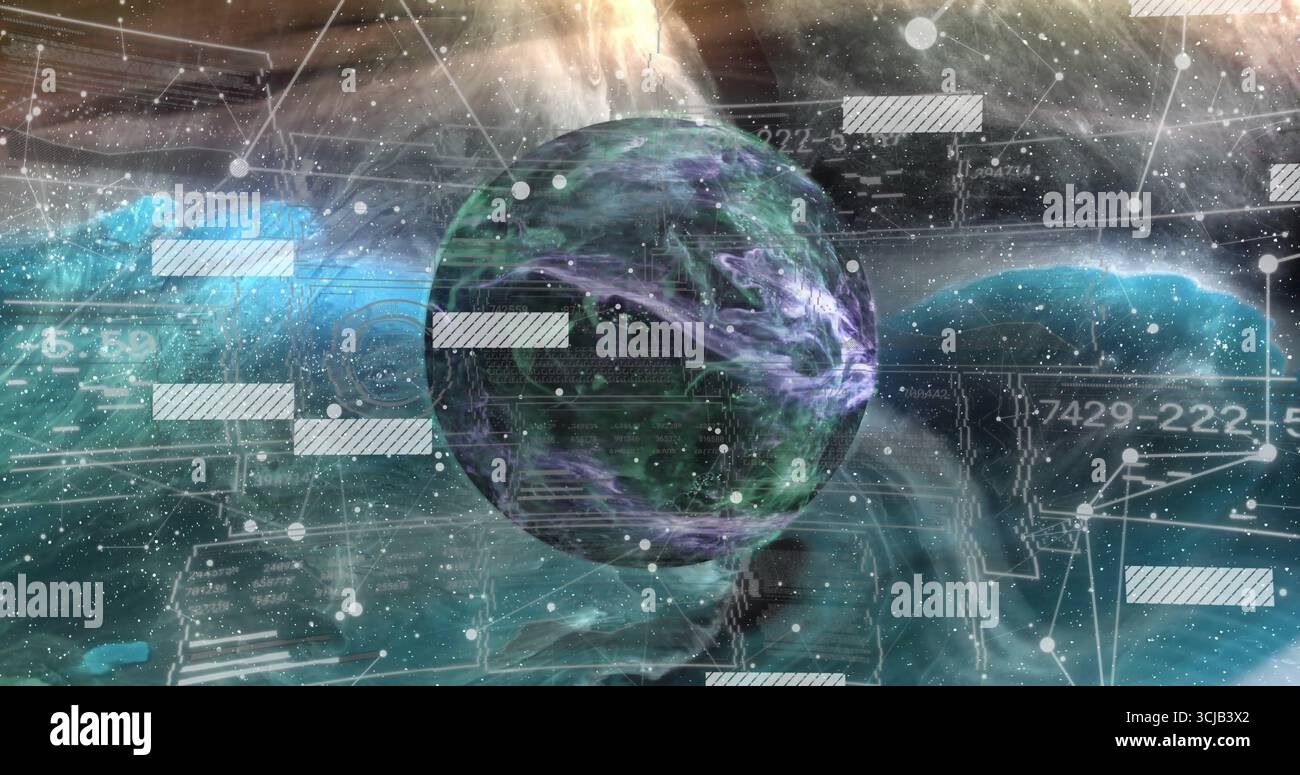 Pianeta centrale viola-verde che gira nell'interfaccia dati cosmica, con nuvole di nebulose e linee di rete Foto Stock