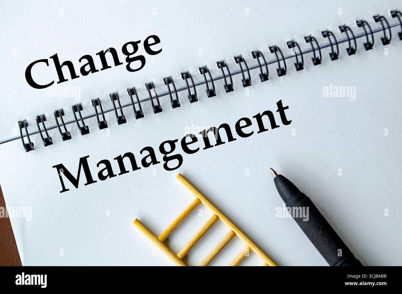 Gestione delle modifiche, notebook con illustrazione ladder che simboleggia l'adattamento, la transizione e la trasformazione Foto Stock