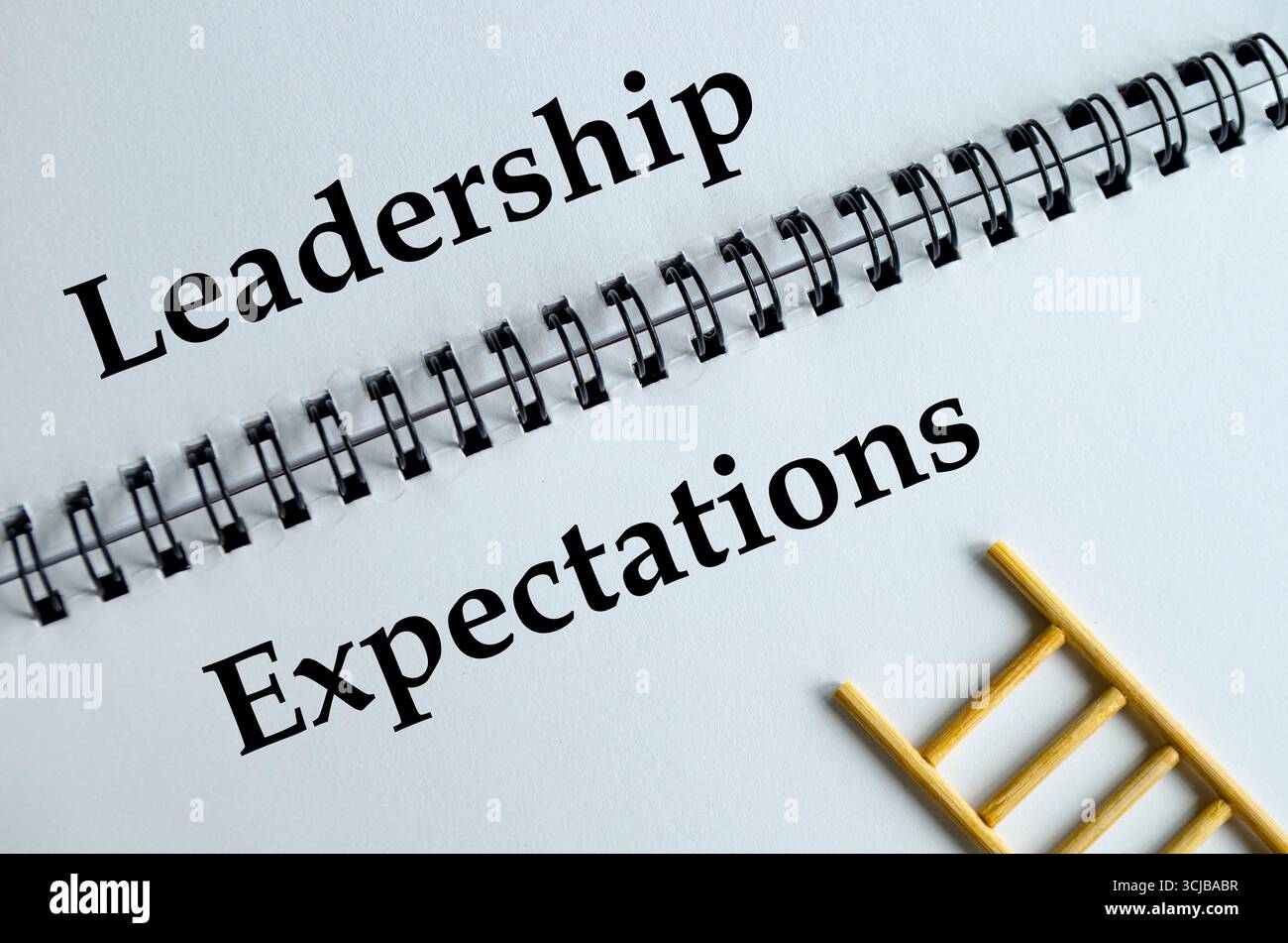Aspettative di leadership, notebook con illustrazioni a scala che simboleggiano la guida, la responsabilità e l'influenza Foto Stock
