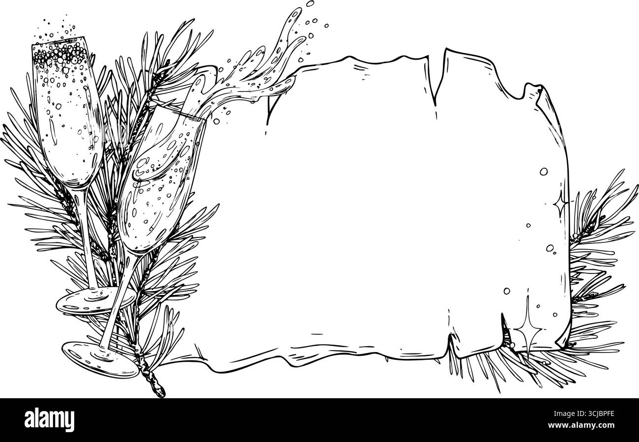 Montatura a colori per feste con rami di abete e coni di pino su rotolo invecchiato con bicchieri da champagne, illustrazione a linee di inchiostro disegnate a mano, per Natale Illustrazione Vettoriale