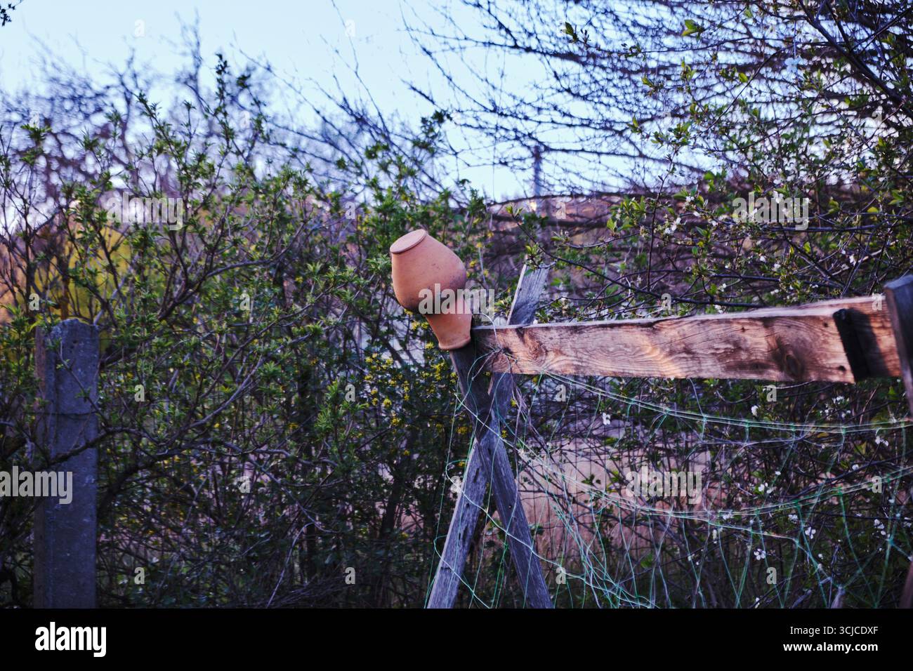 Una pentola rustica di argilla è appesa su un recinto in legno intemprato tra il verde del fogliame, che evoca un senso di fascino rurale e un decor tradizionale in un ambiente naturale Foto Stock