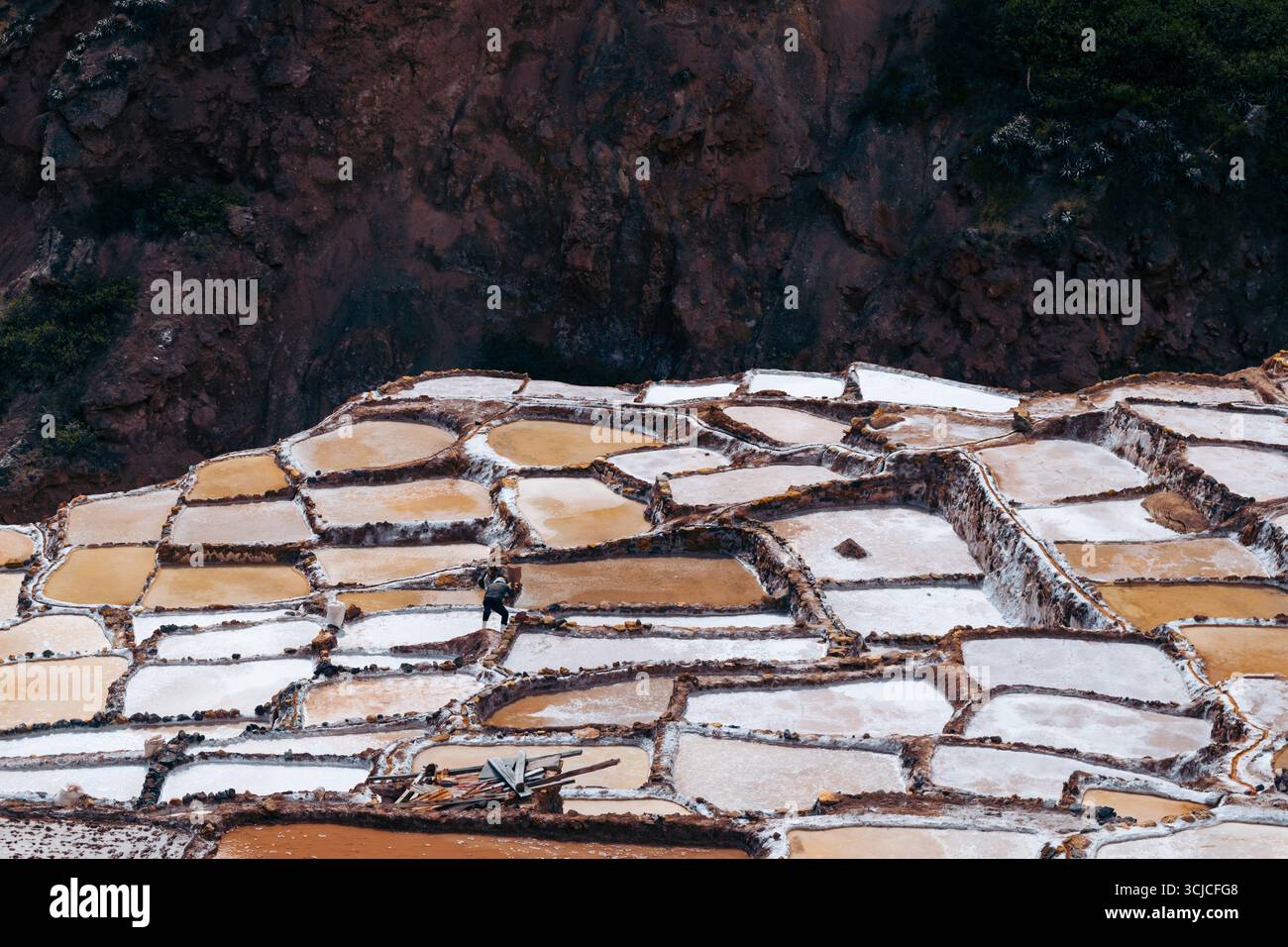 Una vista mozzafiato delle Salineras de Maras a Cusco, Perù, con intricate saline che si estendono sul versante della montagna, riflettendo il ricco c Foto Stock