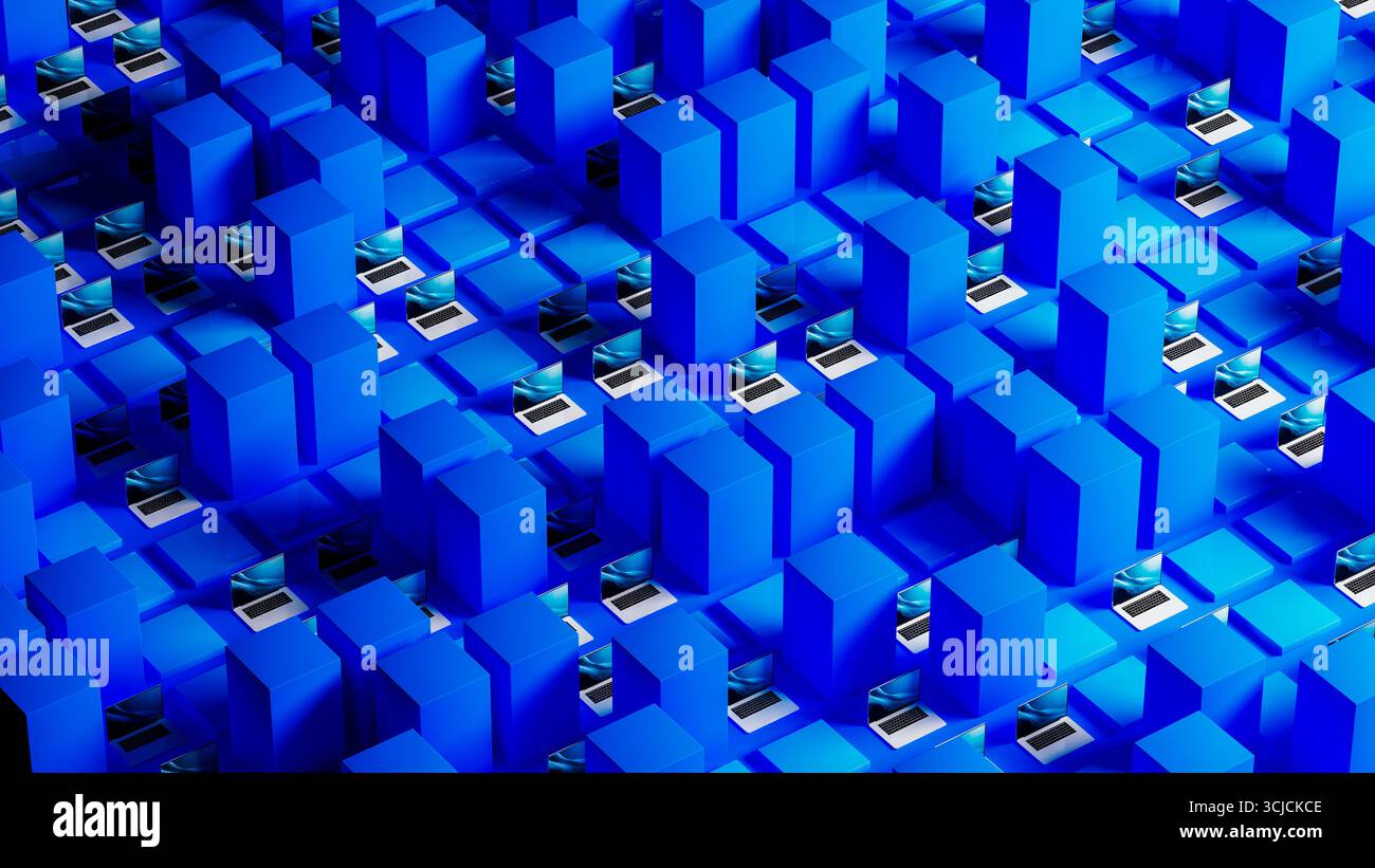 Uno spazio di lavoro vivace con numerosi laptop e server sistematicamente disposti su una superficie blu per mostrare l'innovazione della tecnologia dei dati. Foto Stock