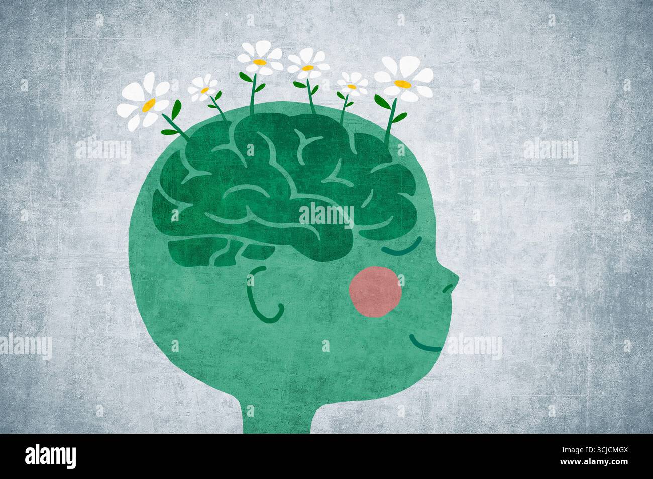 Un'illustrazione di una testa umana verde con un cervello che si trasforma in fiori fioriti, simboleggia una mentalità ecocompatibile e una connessione positiva Foto Stock