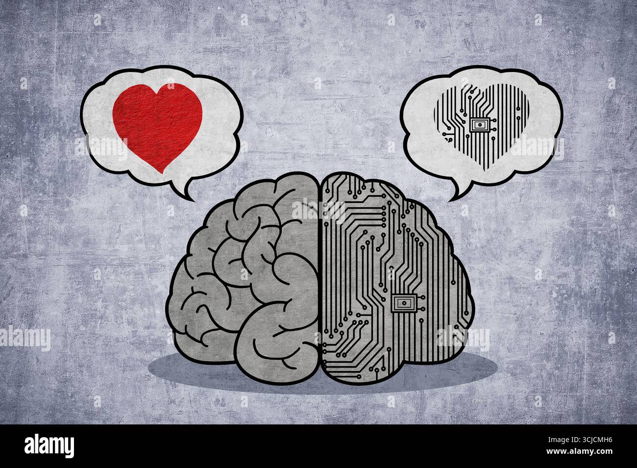Un'illustrazione creativa che raffigura un cervello diviso a metà, con un lato che mostra l'emozione umana attraverso un cuore e l'altro che rappresenta artifi Foto Stock