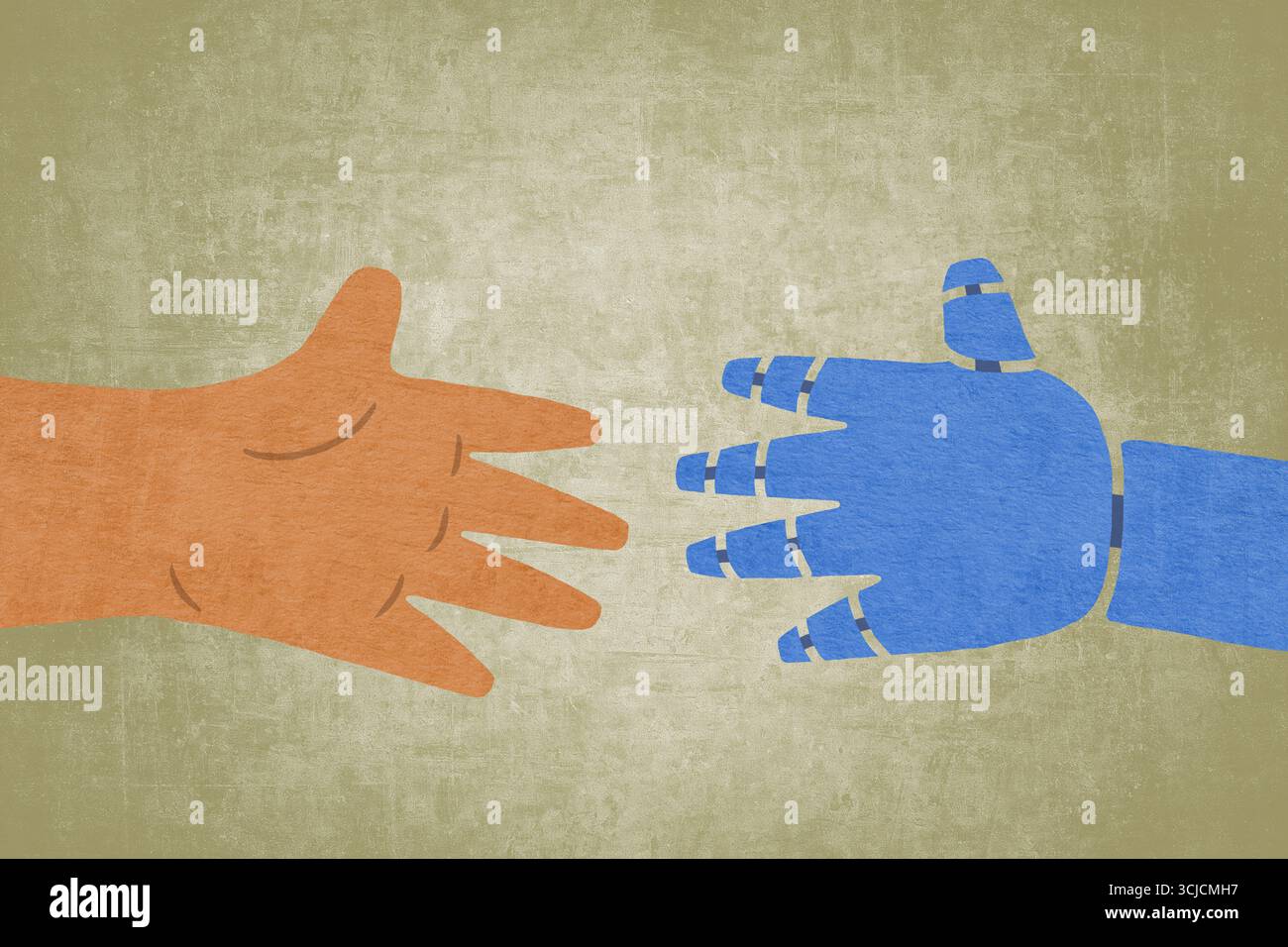 Un'illustrazione che raffigura una mano umana che raggiunge una mano robotica, simboleggia la collaborazione tra umani e intelligenza artificiale in mod Foto Stock